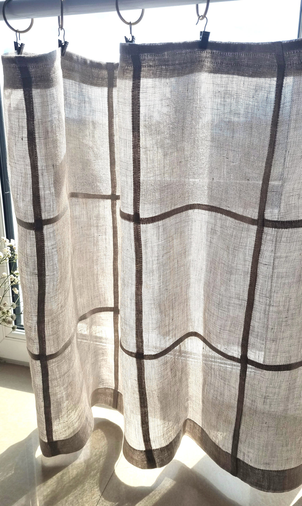 Handmade Geometric Linen Cafe Curtain – Sheer Patchwork Panel (22" x 50")