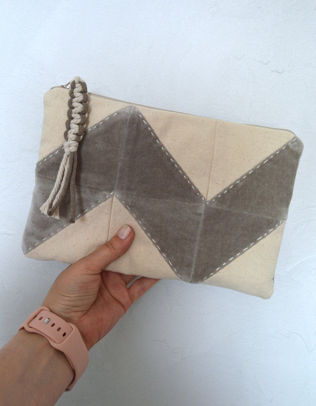 Neutral Quilted Cosmetic Bag | Patchwork Makeup Pouch in Cotton & Velvet