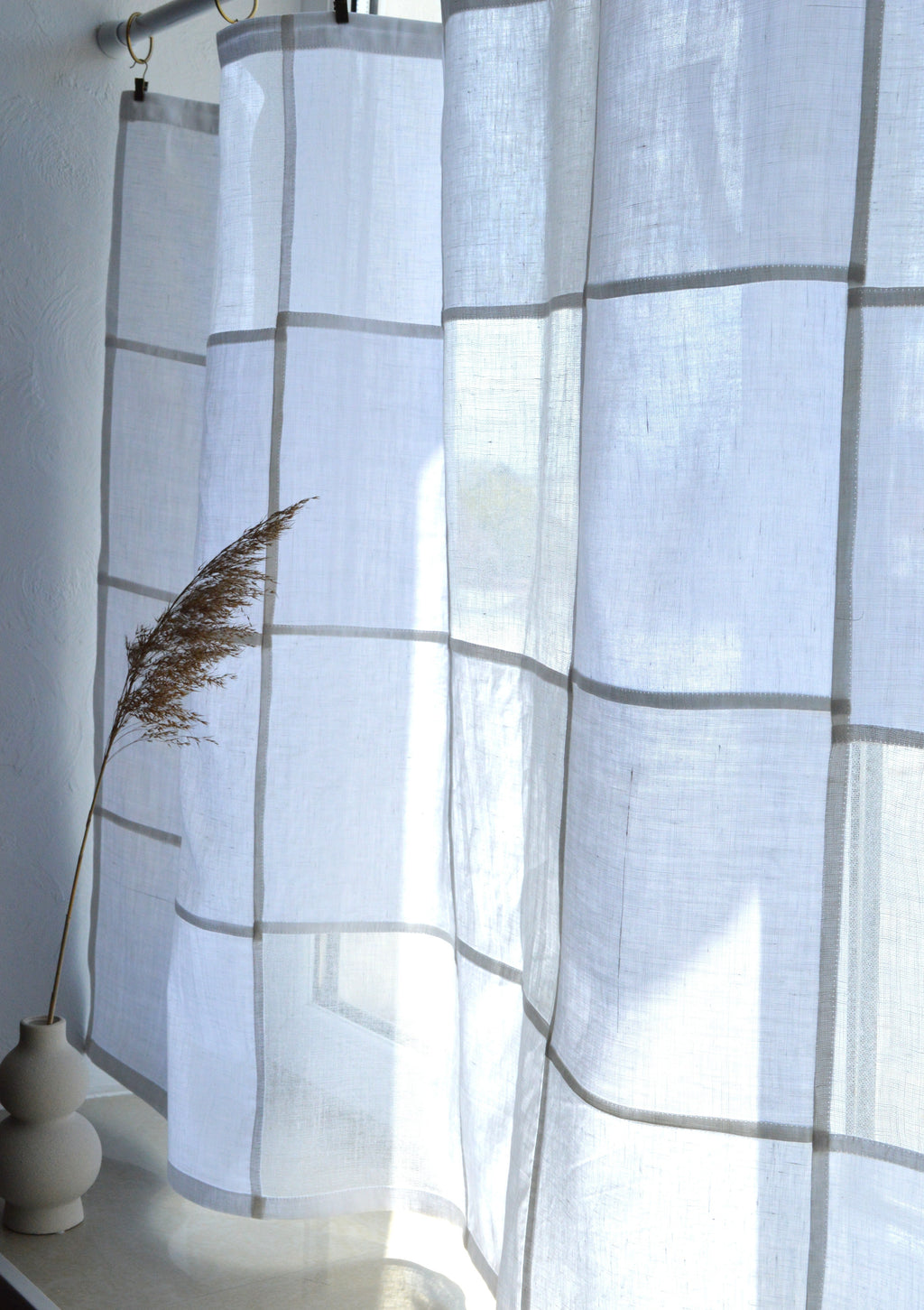 White Sheer Linen Window Panel — Modern Patchwork Cafe Curtain (33.5" х 57.1")