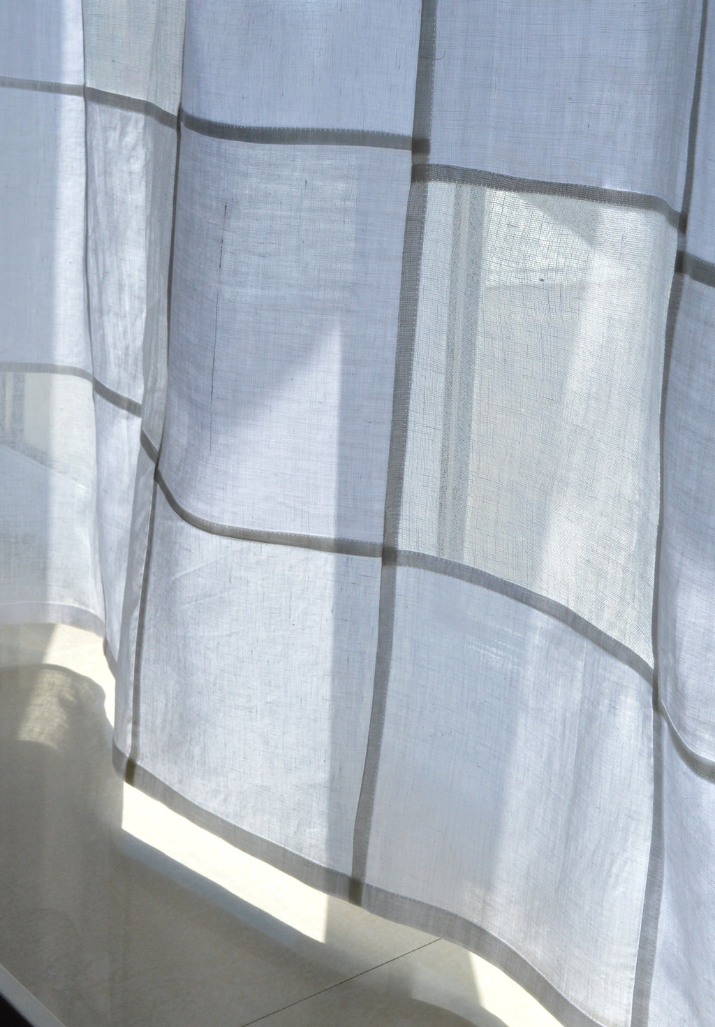 White Sheer Linen Window Panel — Modern Patchwork Cafe Curtain (33.5" х 57.1")