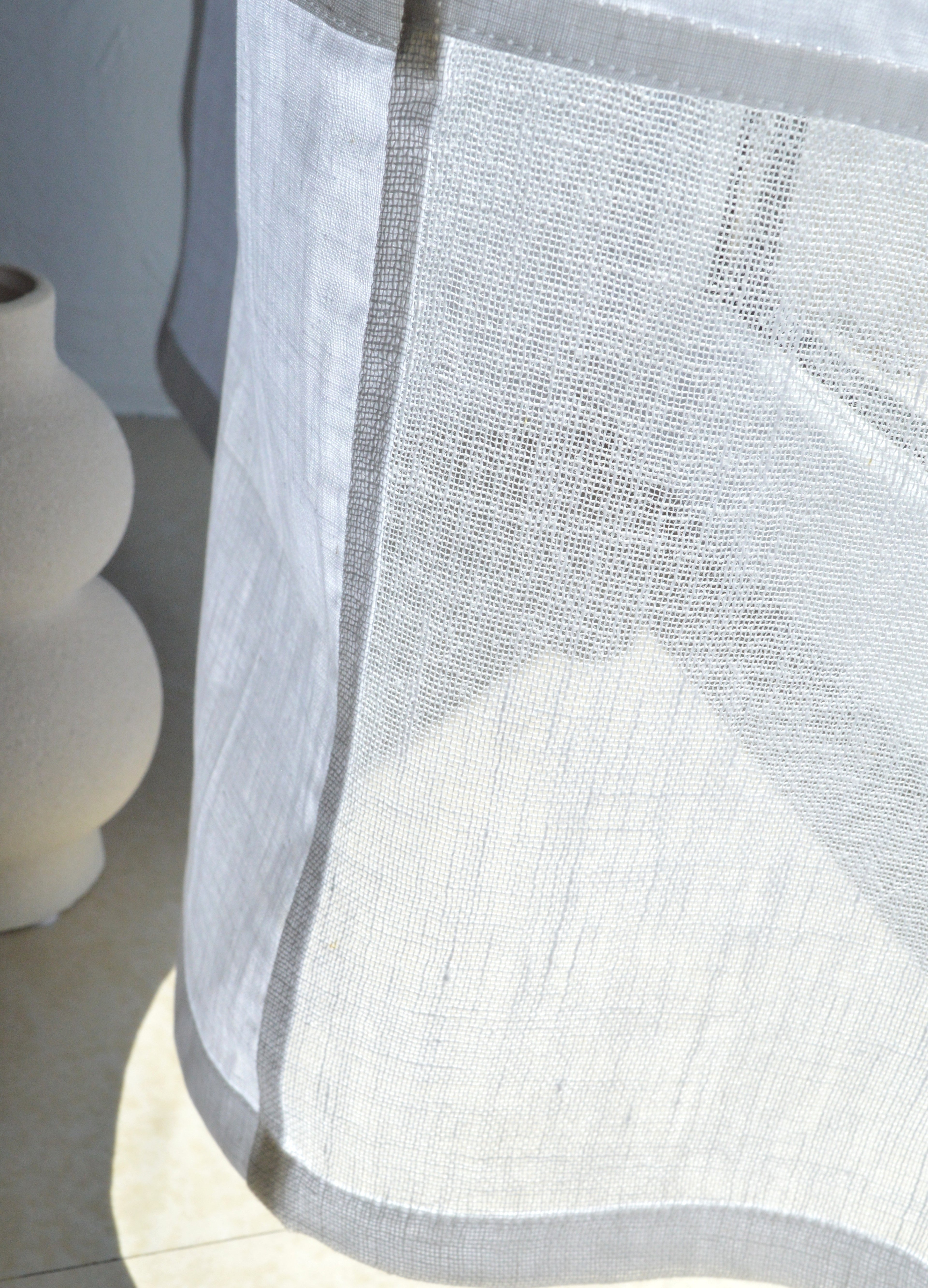 White Sheer Linen Window Panel — Modern Patchwork Cafe Curtain (33.5" х 57.1")
