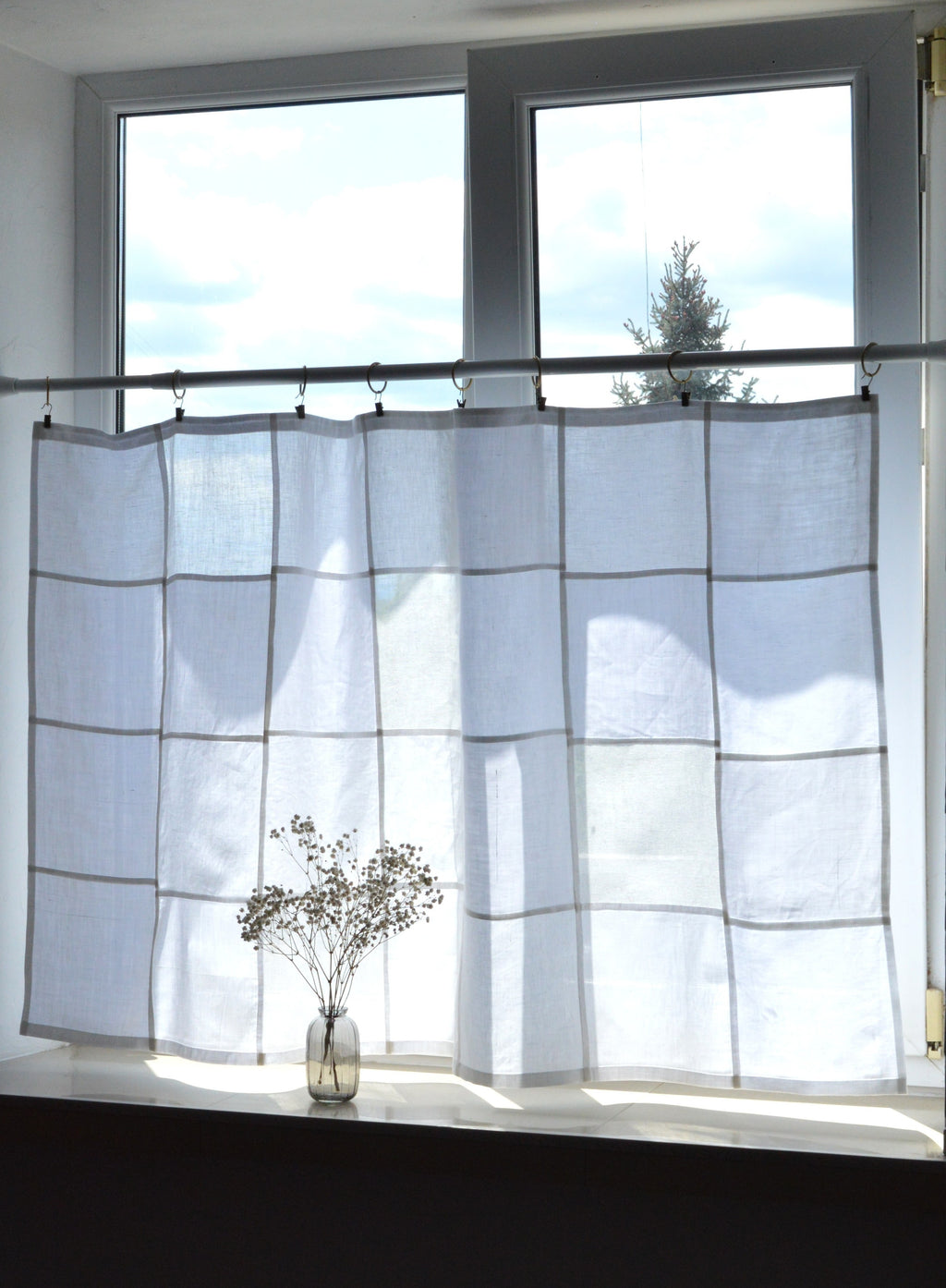 White Sheer Linen Window Panel — Modern Patchwork Cafe Curtain (33.5" х 57.1")