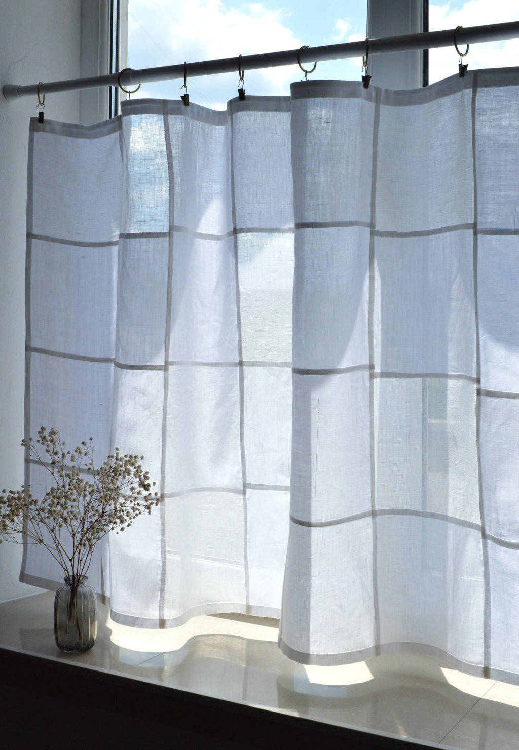 White Sheer Linen Window Panel — Modern Patchwork Cafe Curtain (33.5" х 57.1")