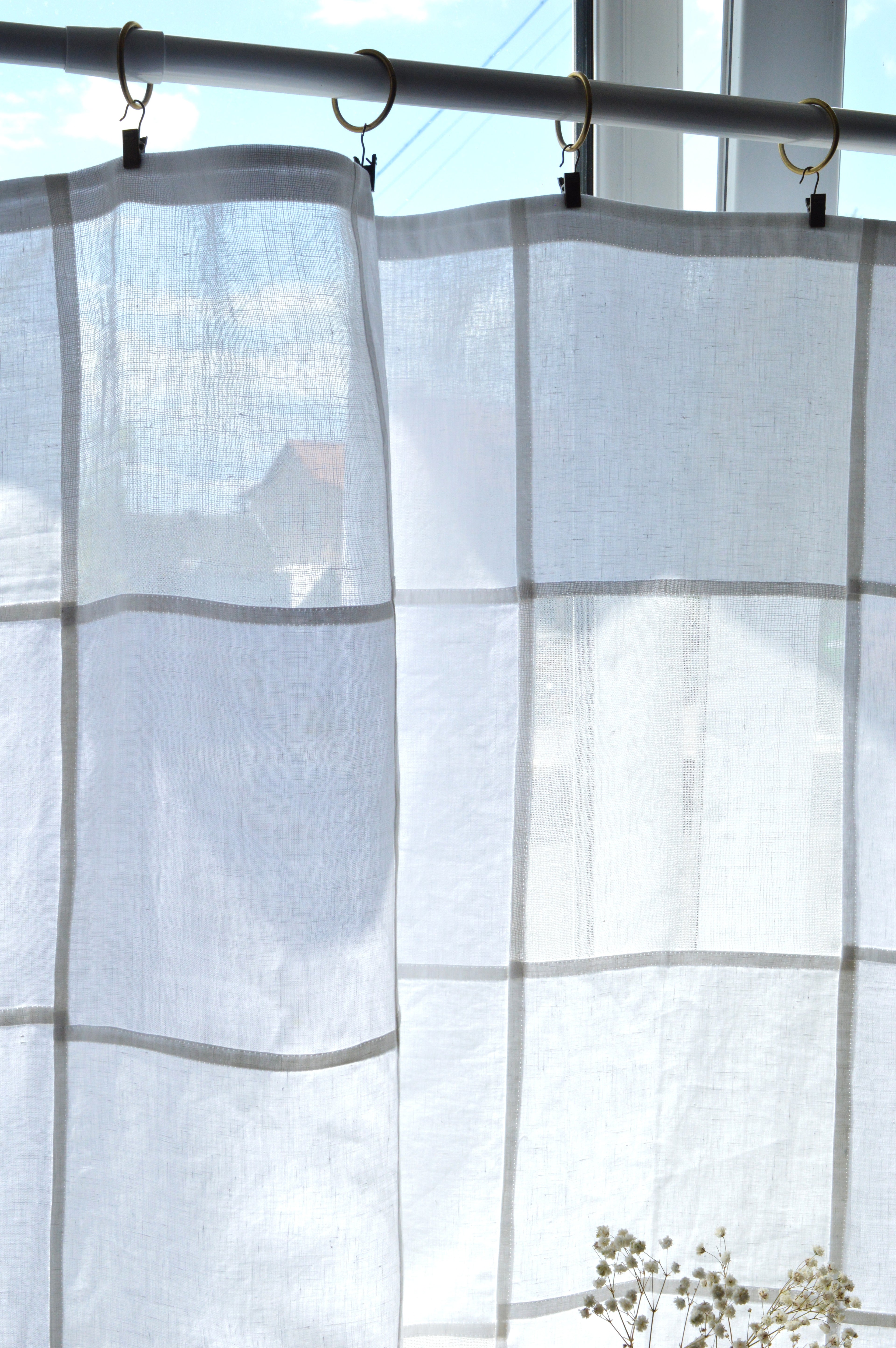 White Sheer Linen Window Panel — Modern Patchwork Cafe Curtain (33.5" х 57.1")