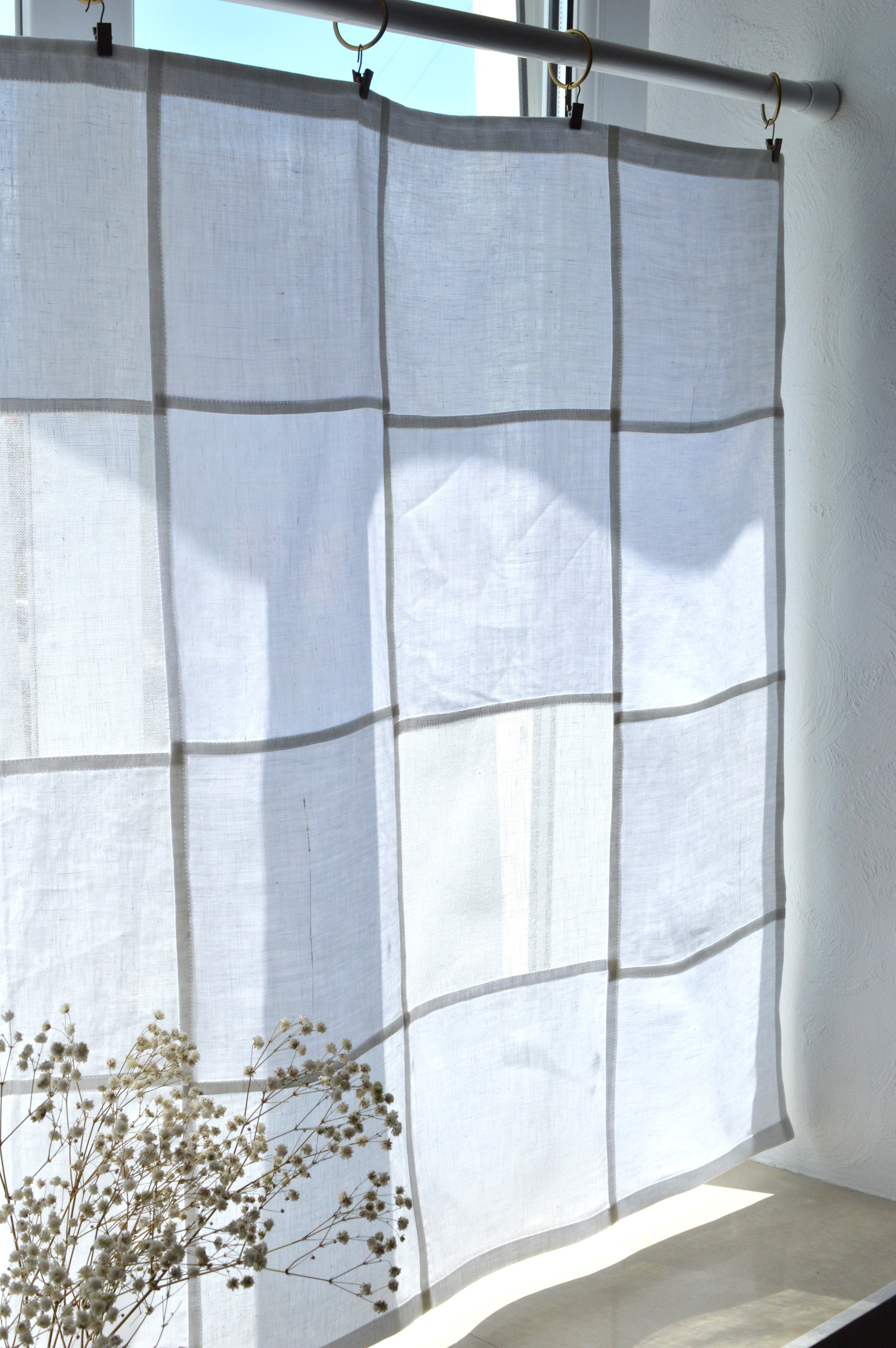 White Sheer Linen Window Panel — Modern Patchwork Cafe Curtain (33.5" х 57.1")
