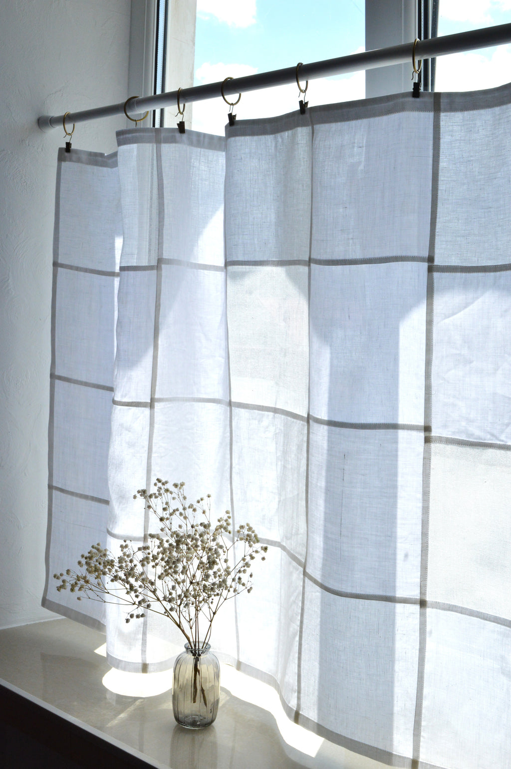 White Sheer Linen Window Panel — Modern Patchwork Cafe Curtain (33.5" х 57.1")