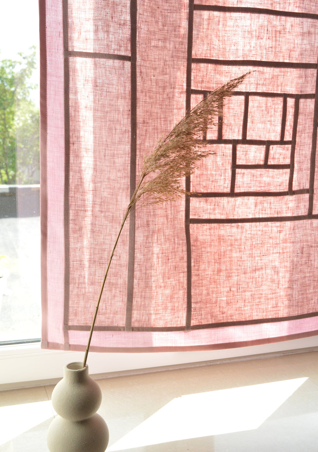 Pojagi-Style Linen Window Panel — Dusty pink Patchwork Cafe Curtain (26.7" х 26.7")