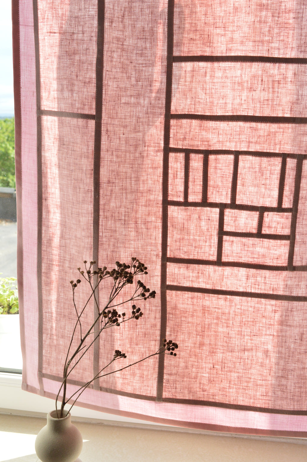 Pojagi-Style Linen Window Panel — Dusty pink Patchwork Cafe Curtain (26.7" х 26.7")