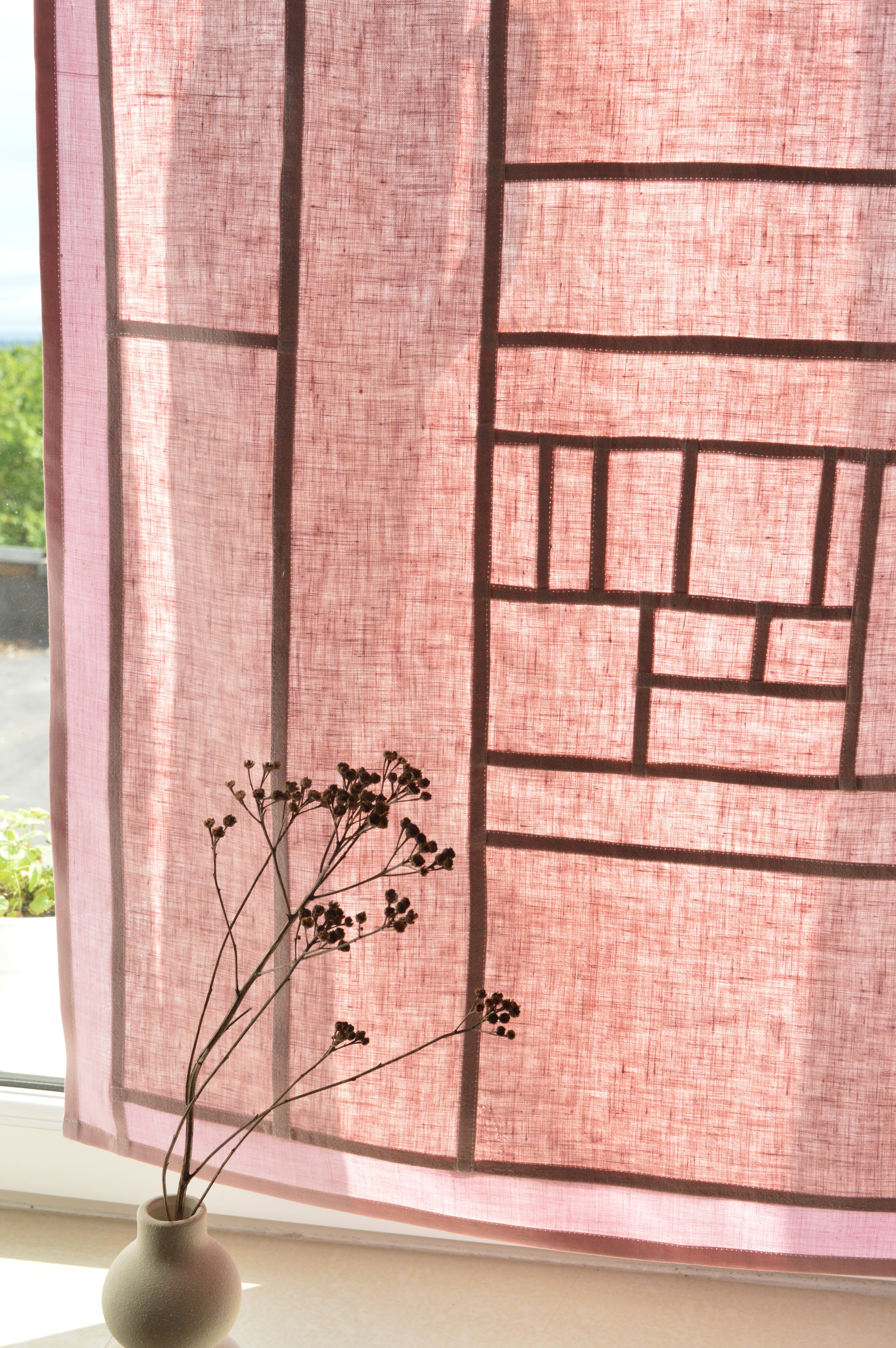 Pojagi-Style Linen Window Panel — Dusty pink Patchwork Cafe Curtain (26.7" х 26.7")