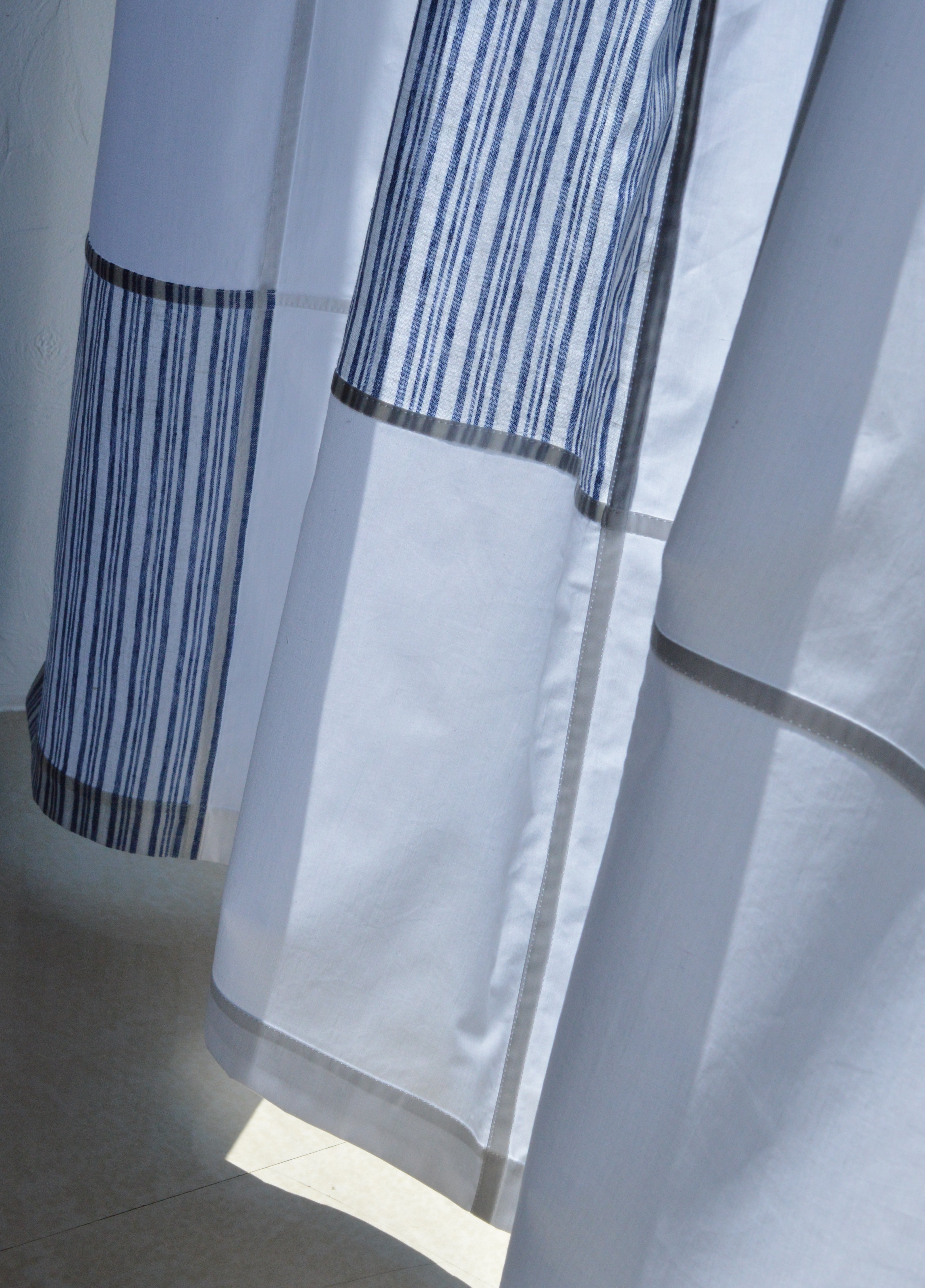 White Cotton Geometric Window Panel — Modern Patchwork Cafe Curtain (34.6" х 45.6")