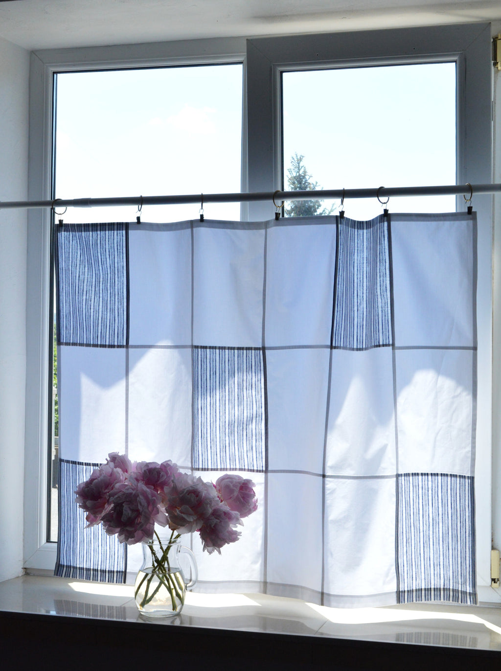 White Cotton Geometric Window Panel — Modern Patchwork Cafe Curtain (34.6" х 45.6")