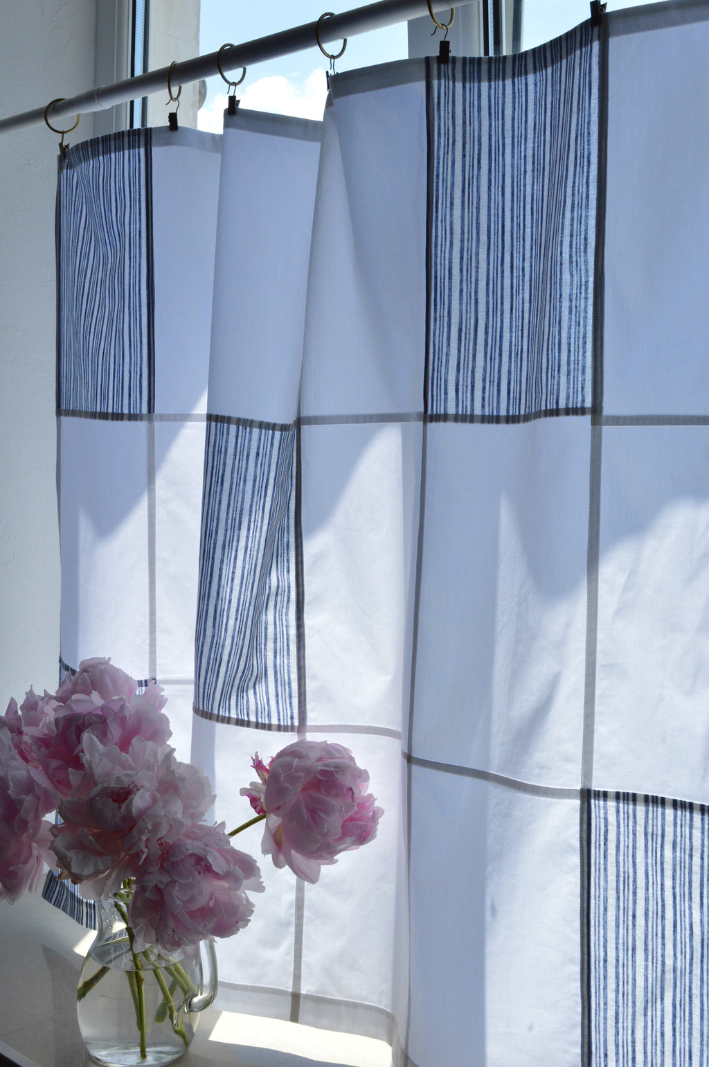 White Cotton Geometric Window Panel — Modern Patchwork Cafe Curtain (34.6" х 45.6")