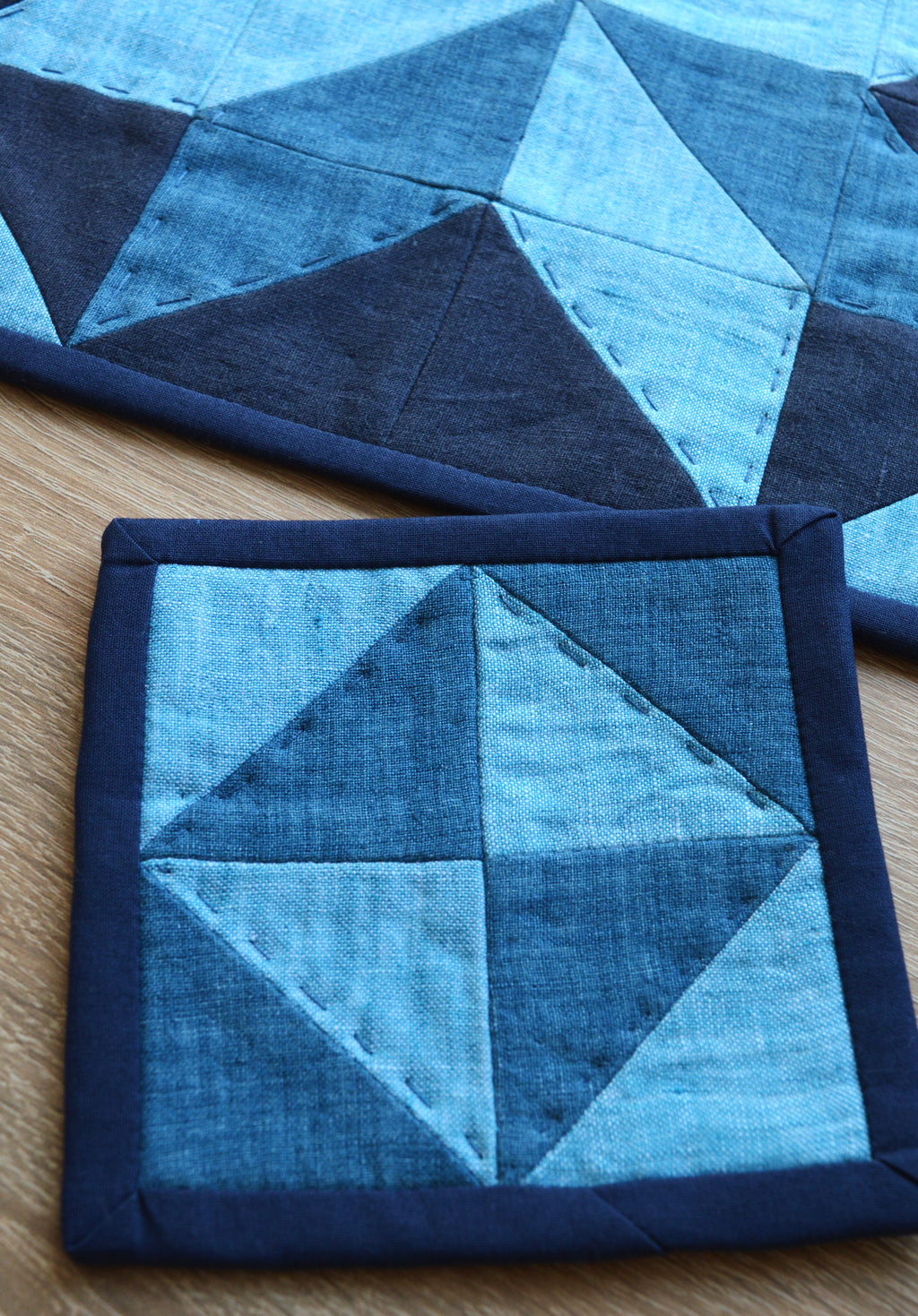 Hand-Quilted Indigo Linen Table Set — Patchwork Runner & 4 Coasters