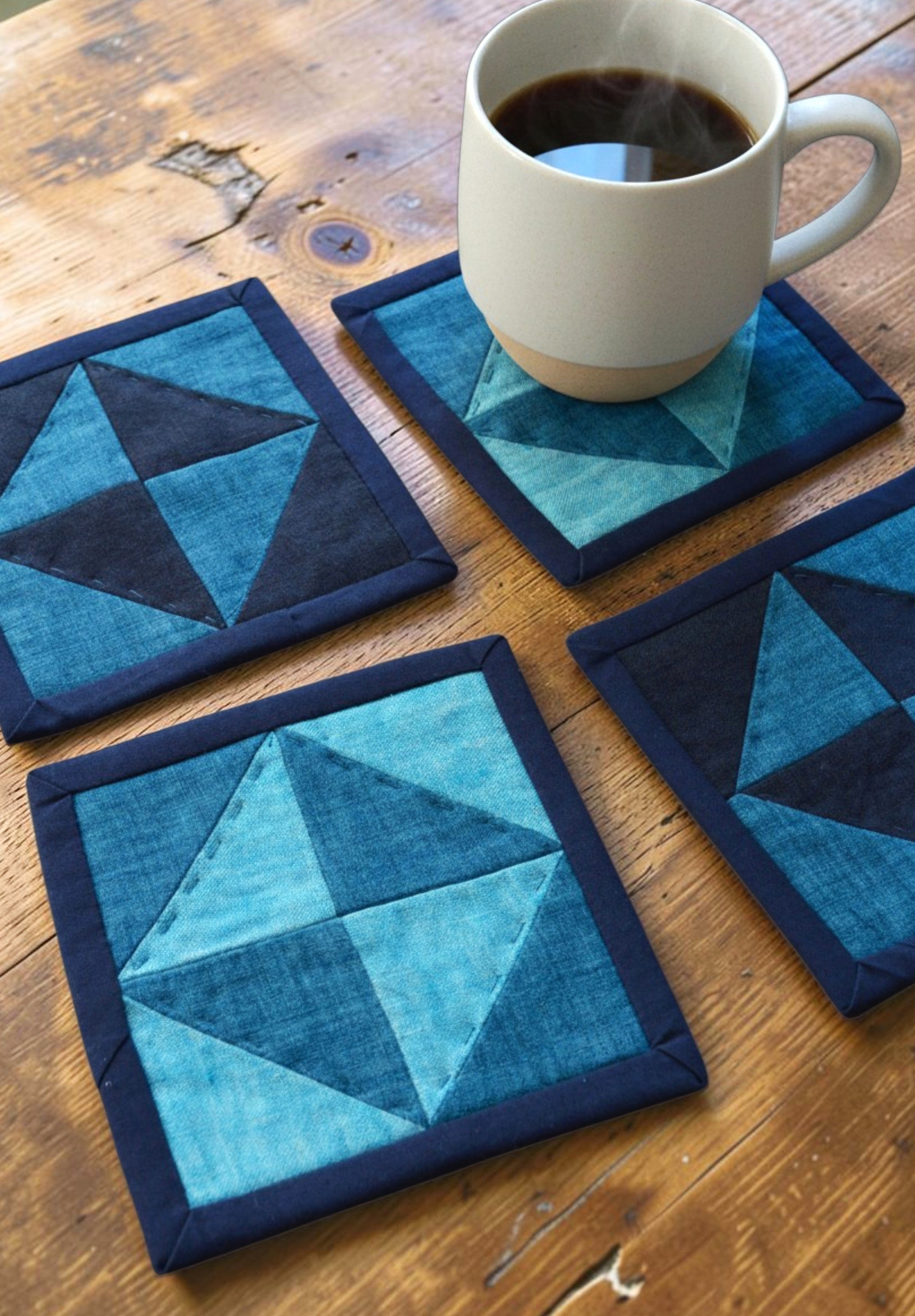 Hand-Quilted Indigo Linen Table Set — Patchwork Runner & 4 Coasters