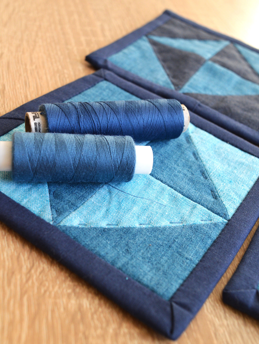 Hand-Quilted Indigo Linen Table Set — Patchwork Runner & 4 Coasters