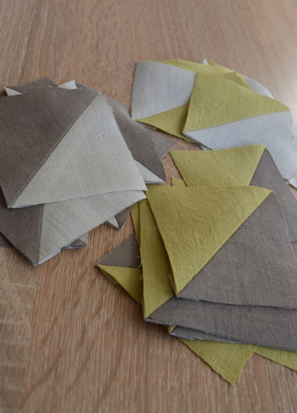 Hand-Quilted Pale Lime & Taupe Linen Table Set — Patchwork Mat & Coasters