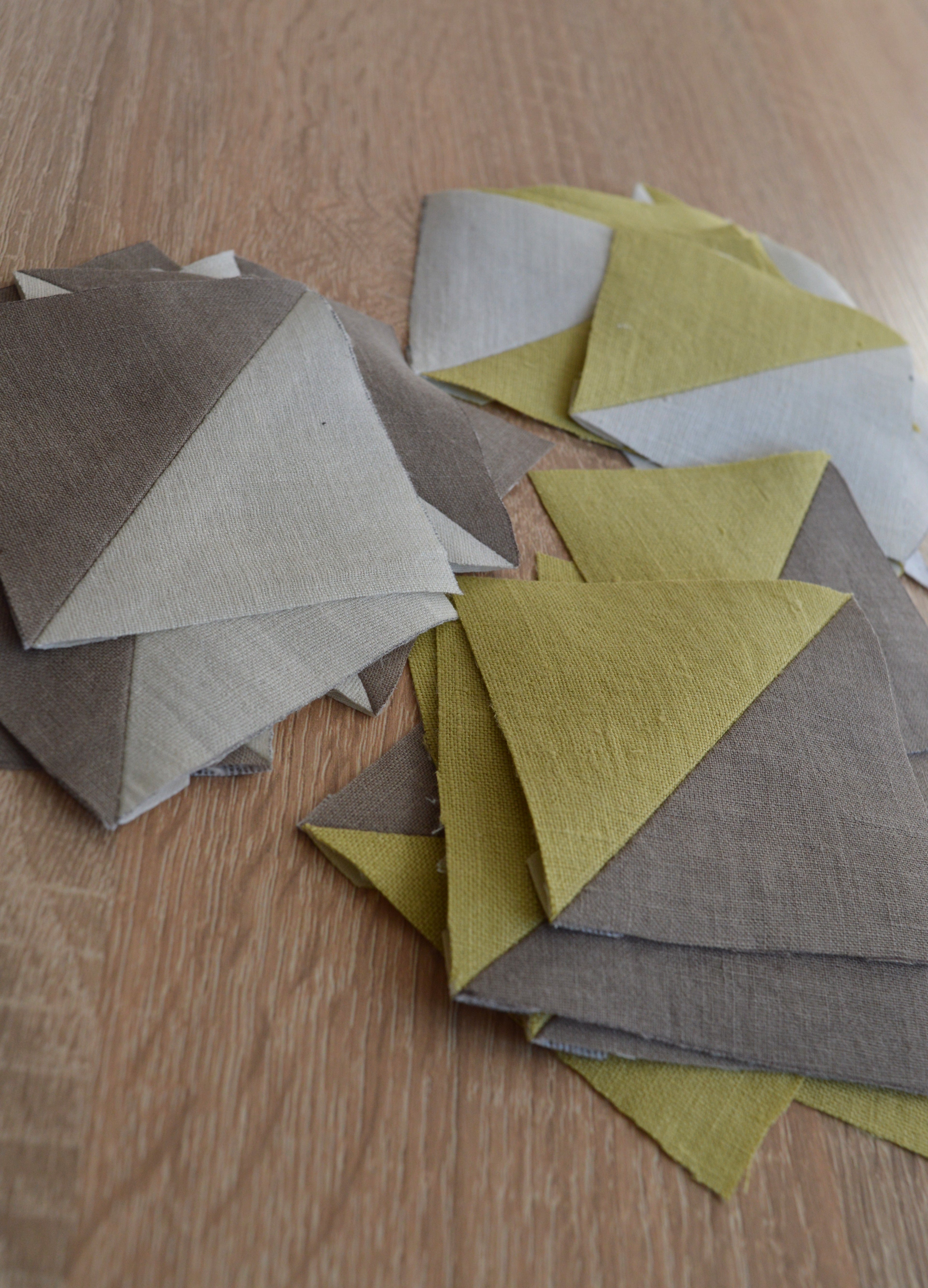 Hand-Quilted Pale Lime & Taupe Linen Table Set — Patchwork Mat & Coasters