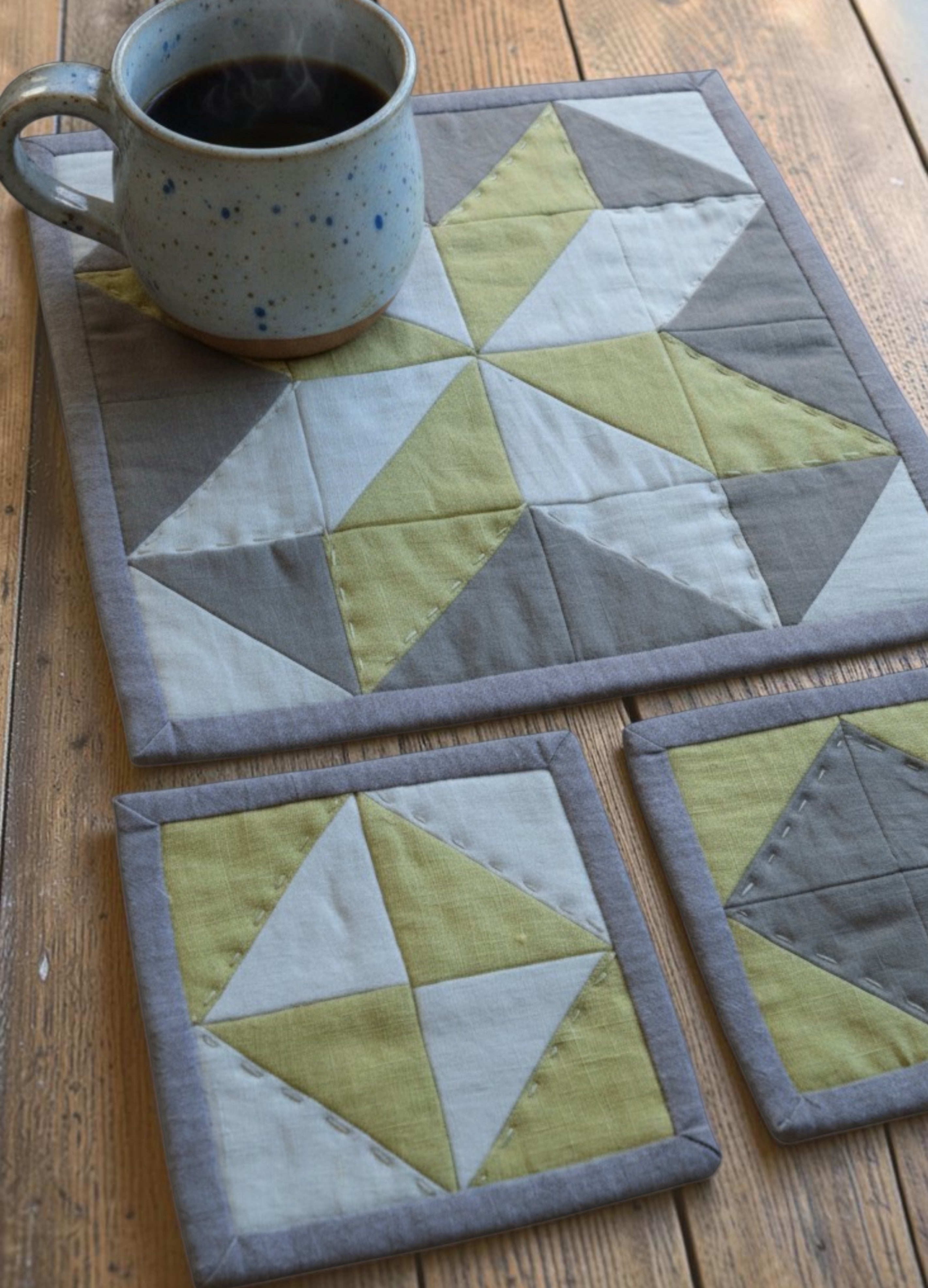 Hand-Quilted Pale Lime & Taupe Linen Table Set — Patchwork Mat & Coasters