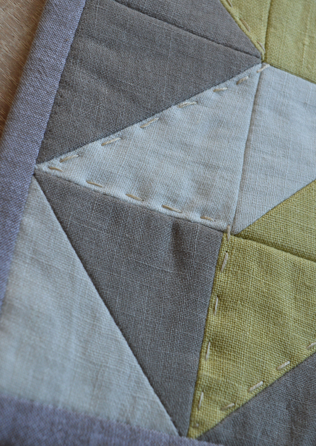 Hand-Quilted Pale Lime & Taupe Linen Table Set — Patchwork Mat & Coasters