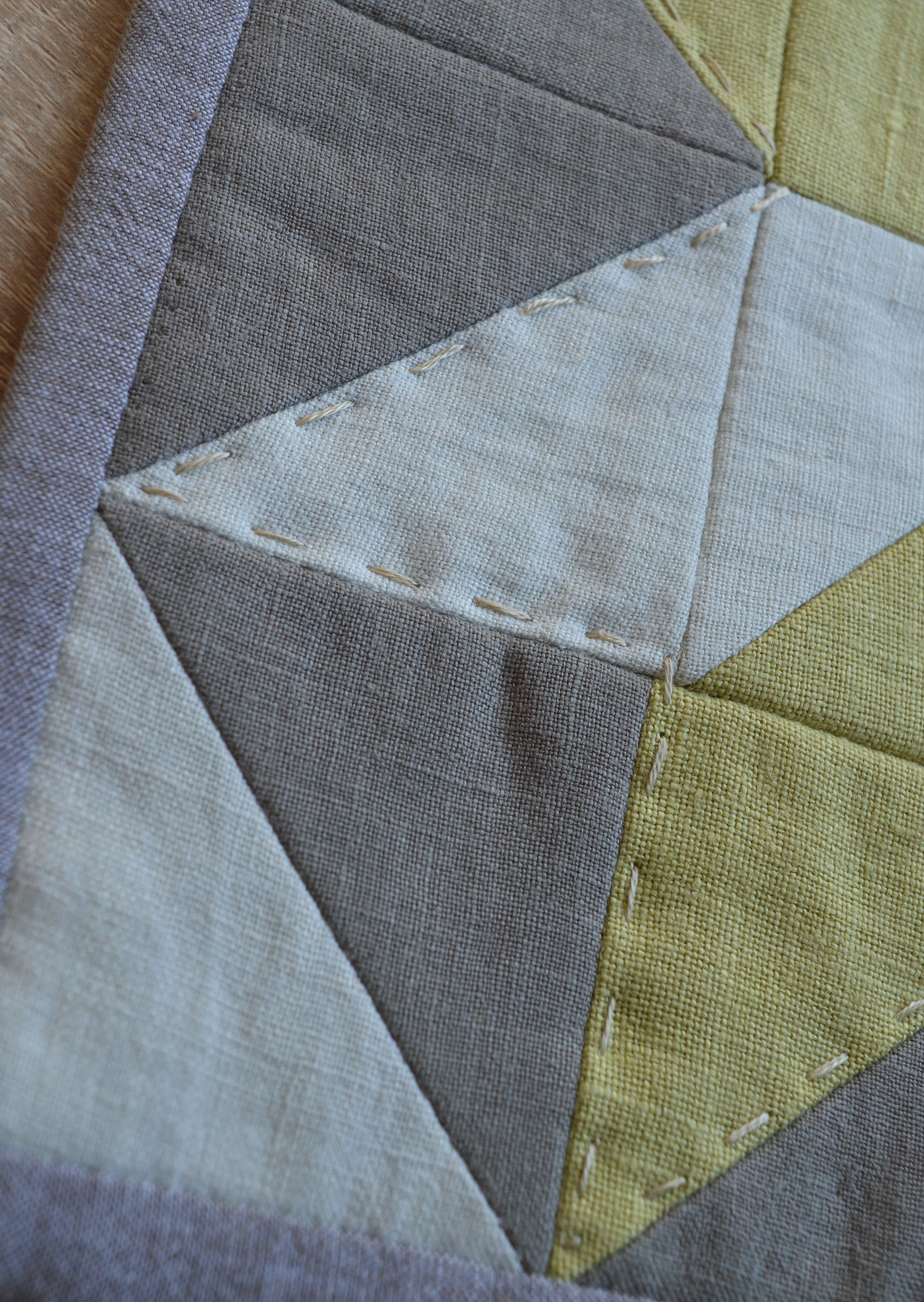 Hand-Quilted Pale Lime & Taupe Linen Table Set — Patchwork Mat & Coasters