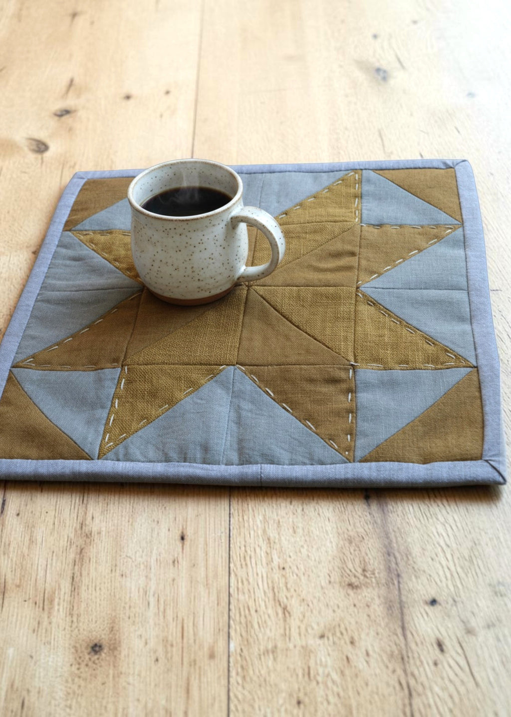 Hand-Quilted Ochre & Dark Taupe Linen Table Set — Patchwork Mat & 2 Coasters