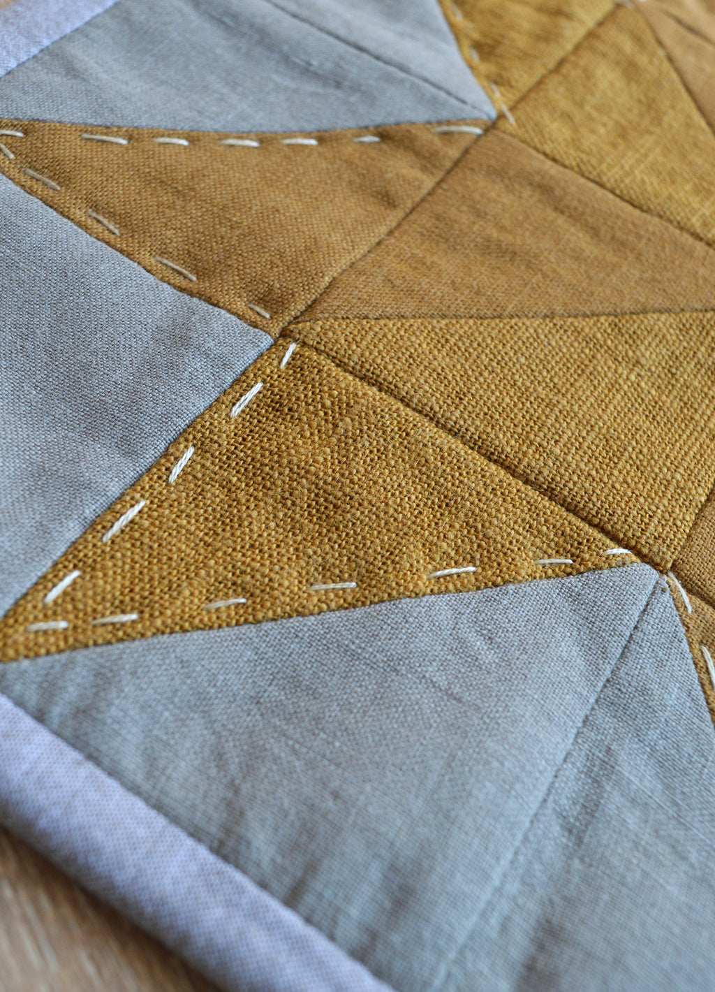 Hand-Quilted Ochre & Dark Taupe Linen Table Set — Patchwork Mat & 2 Coasters
