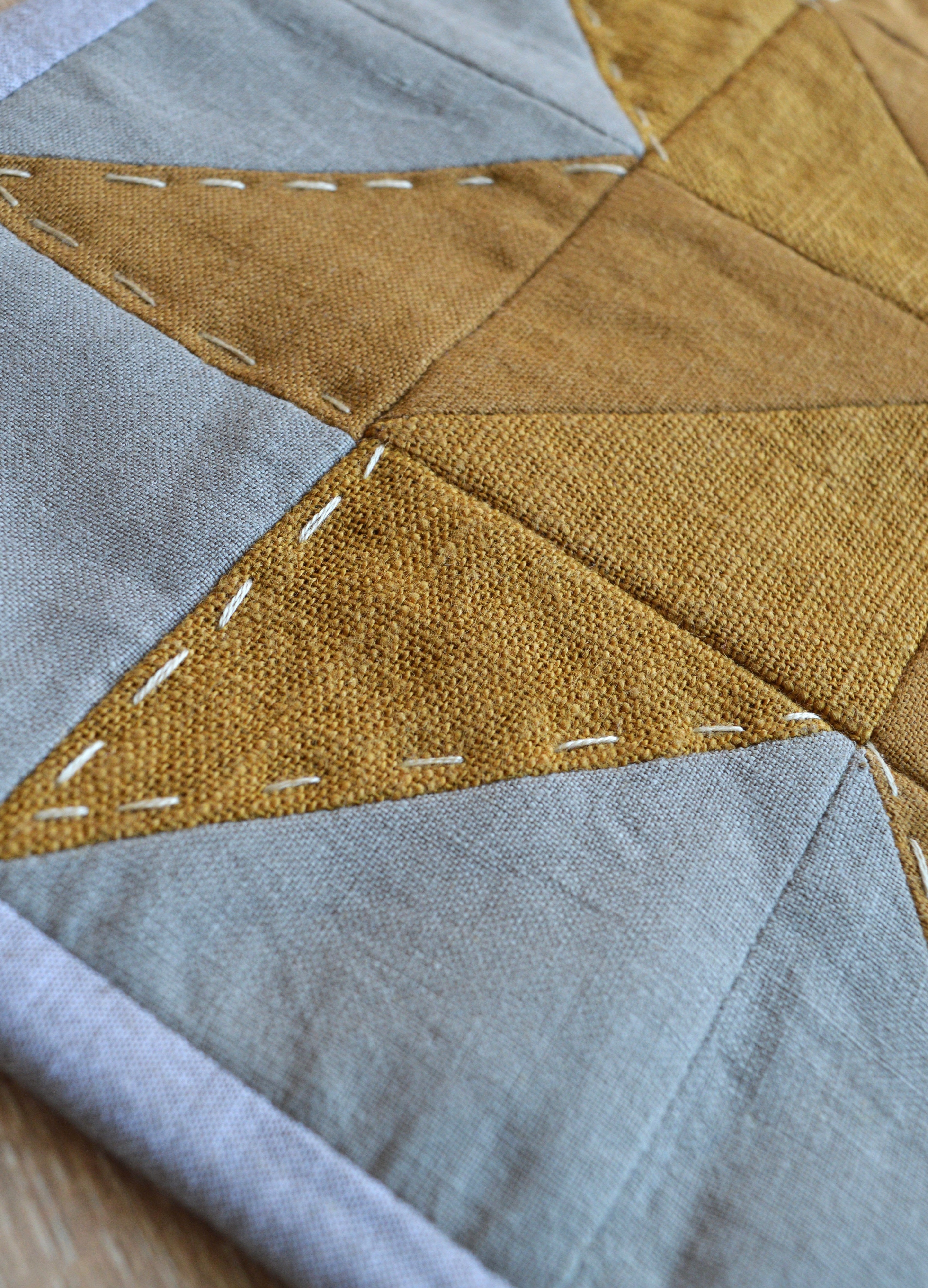 Hand-Quilted Ochre & Dark Taupe Linen Table Set — Patchwork Mat & 2 Coasters