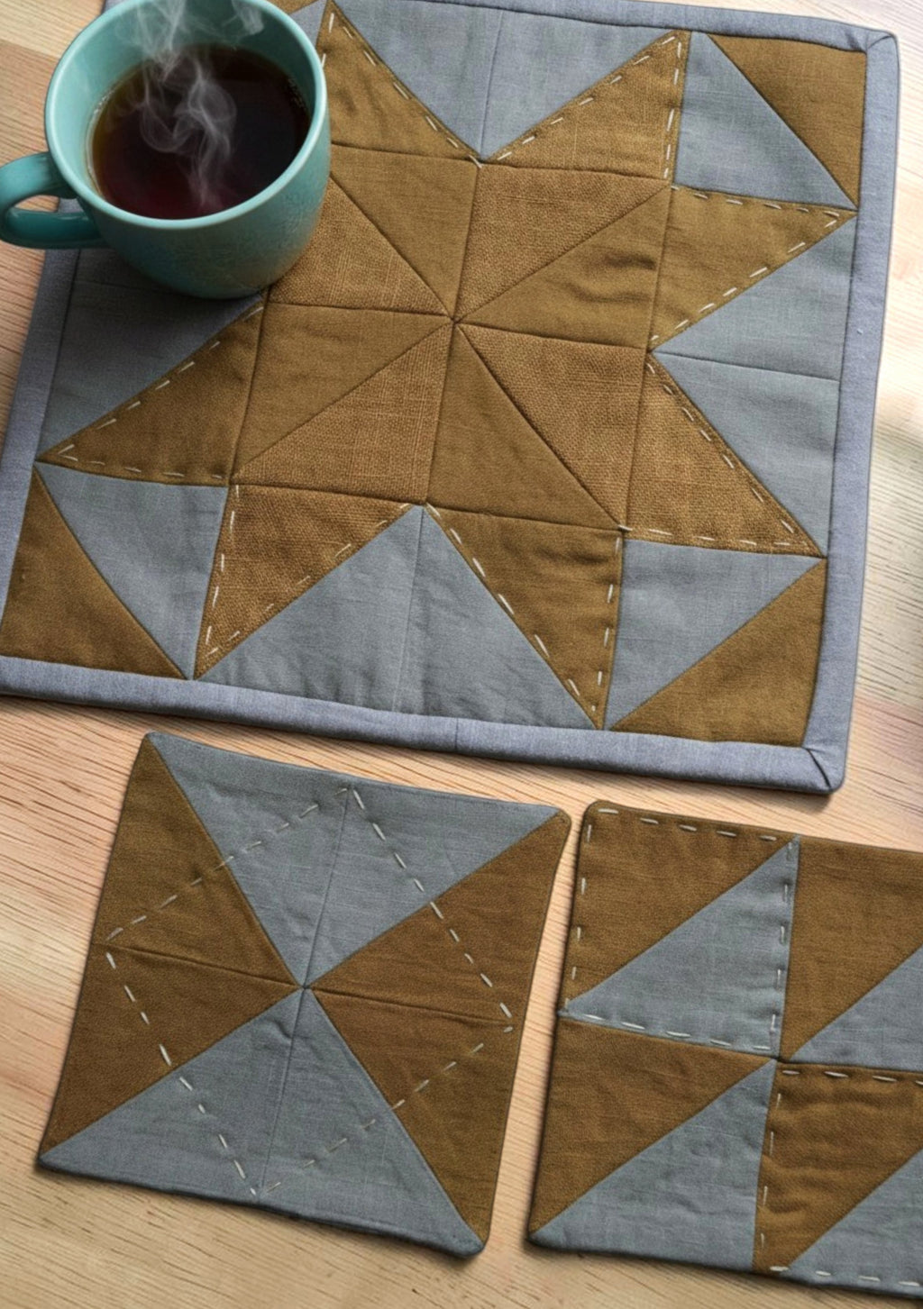 Hand-Quilted Ochre & Dark Taupe Linen Table Set — Patchwork Mat & 2 Coasters