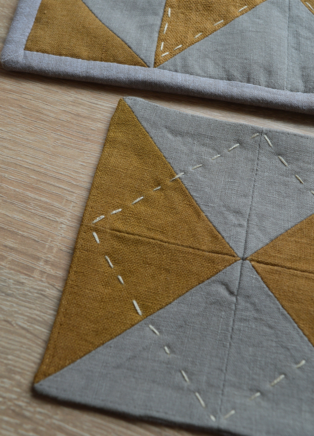 Hand-Quilted Ochre & Dark Taupe Linen Table Set — Patchwork Mat & 2 Coasters
