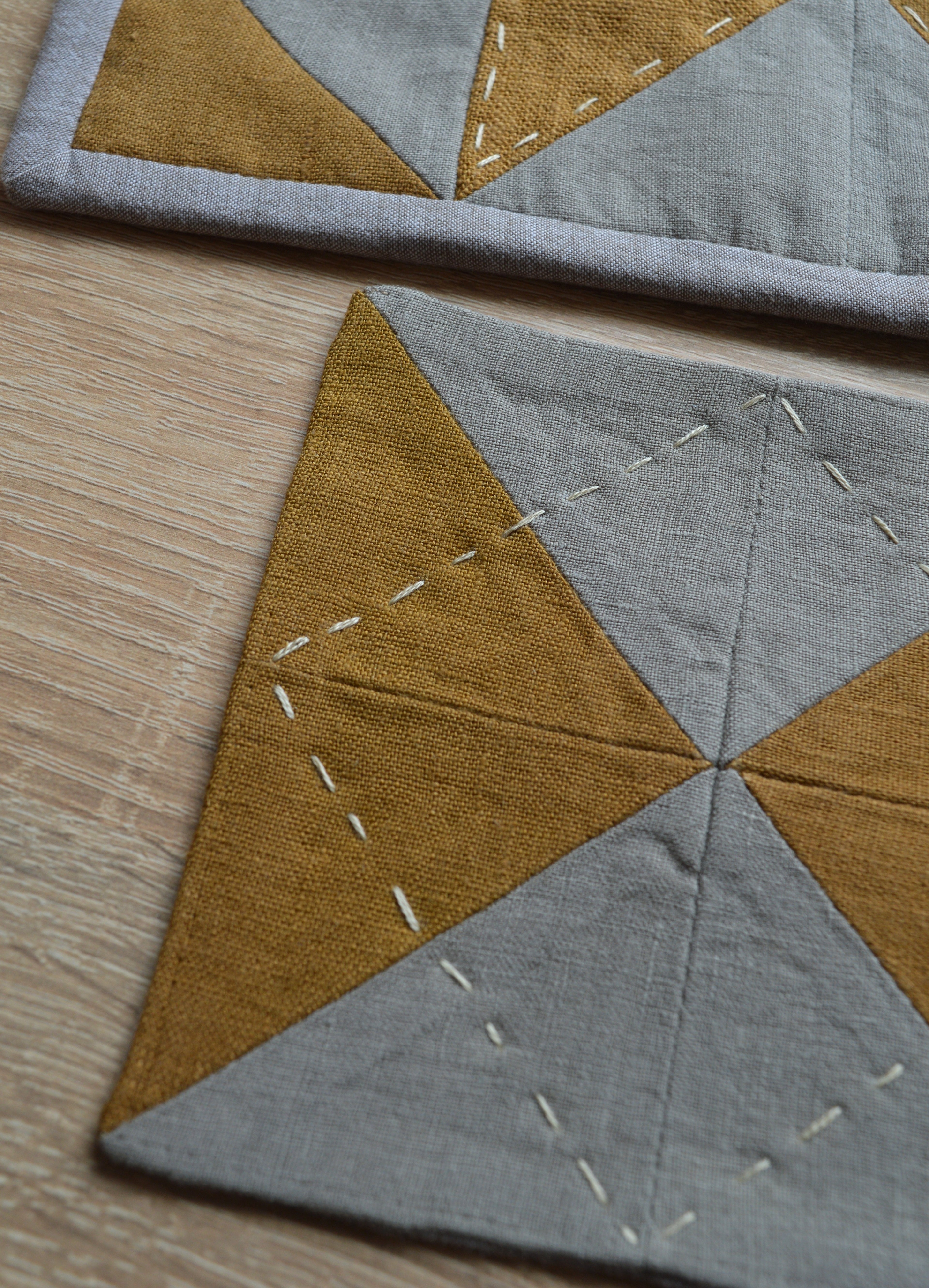 Hand-Quilted Ochre & Dark Taupe Linen Table Set — Patchwork Mat & 2 Coasters