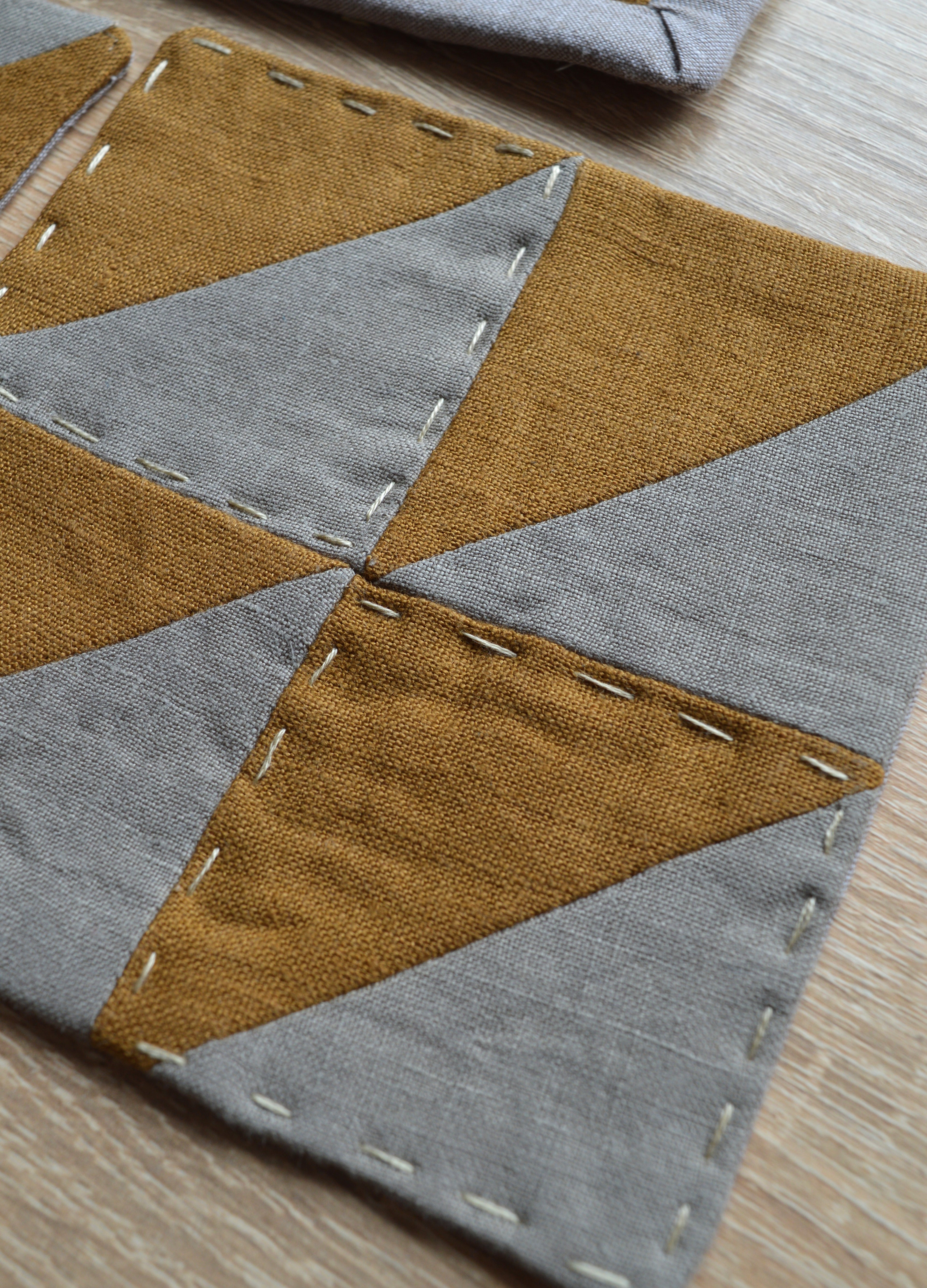 Hand-Quilted Ochre & Dark Taupe Linen Table Set — Patchwork Mat & 2 Coasters