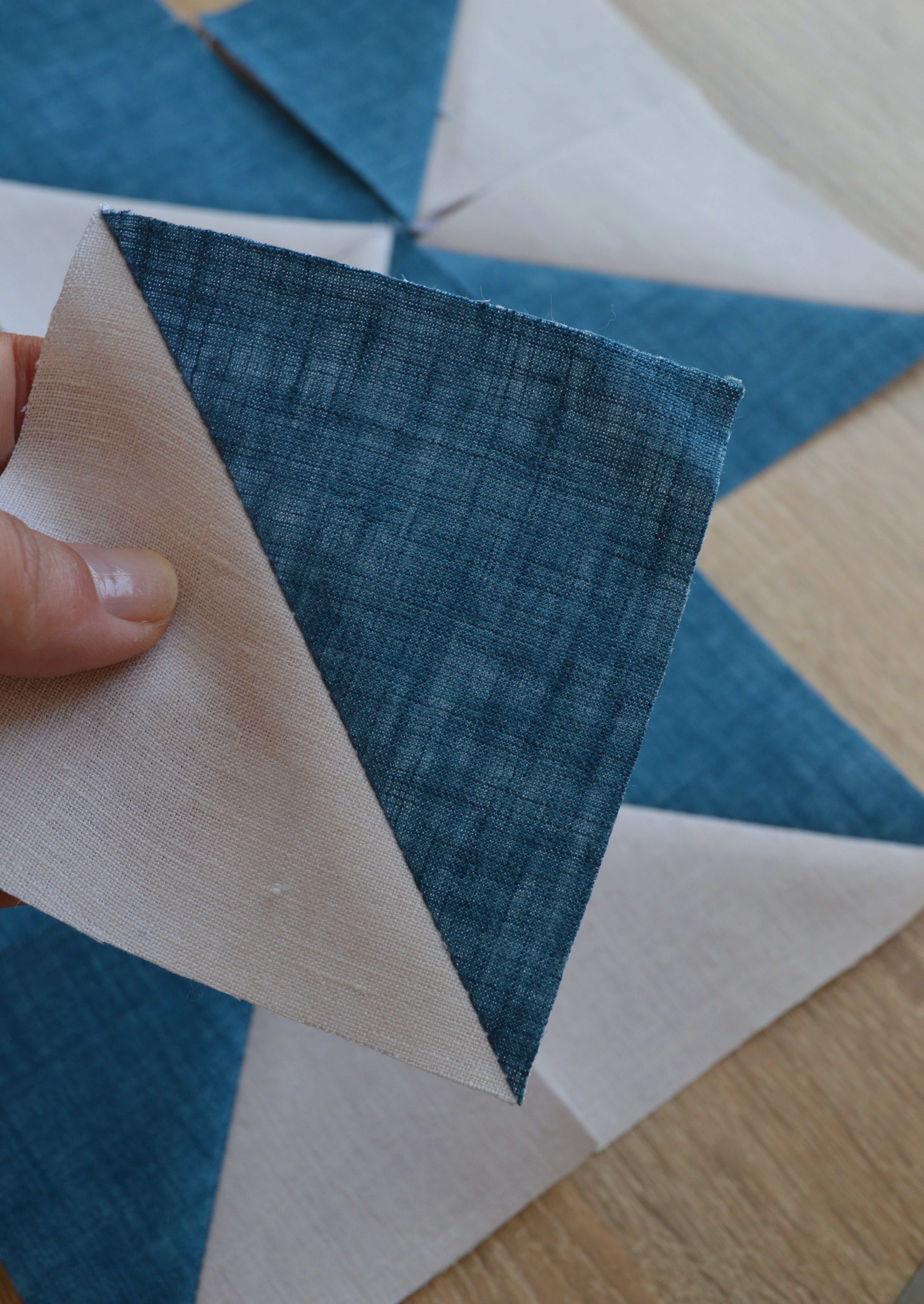 Hand-Quilted Deep Azure & Milky Linen Table Runner — New Nordic Patchwork
