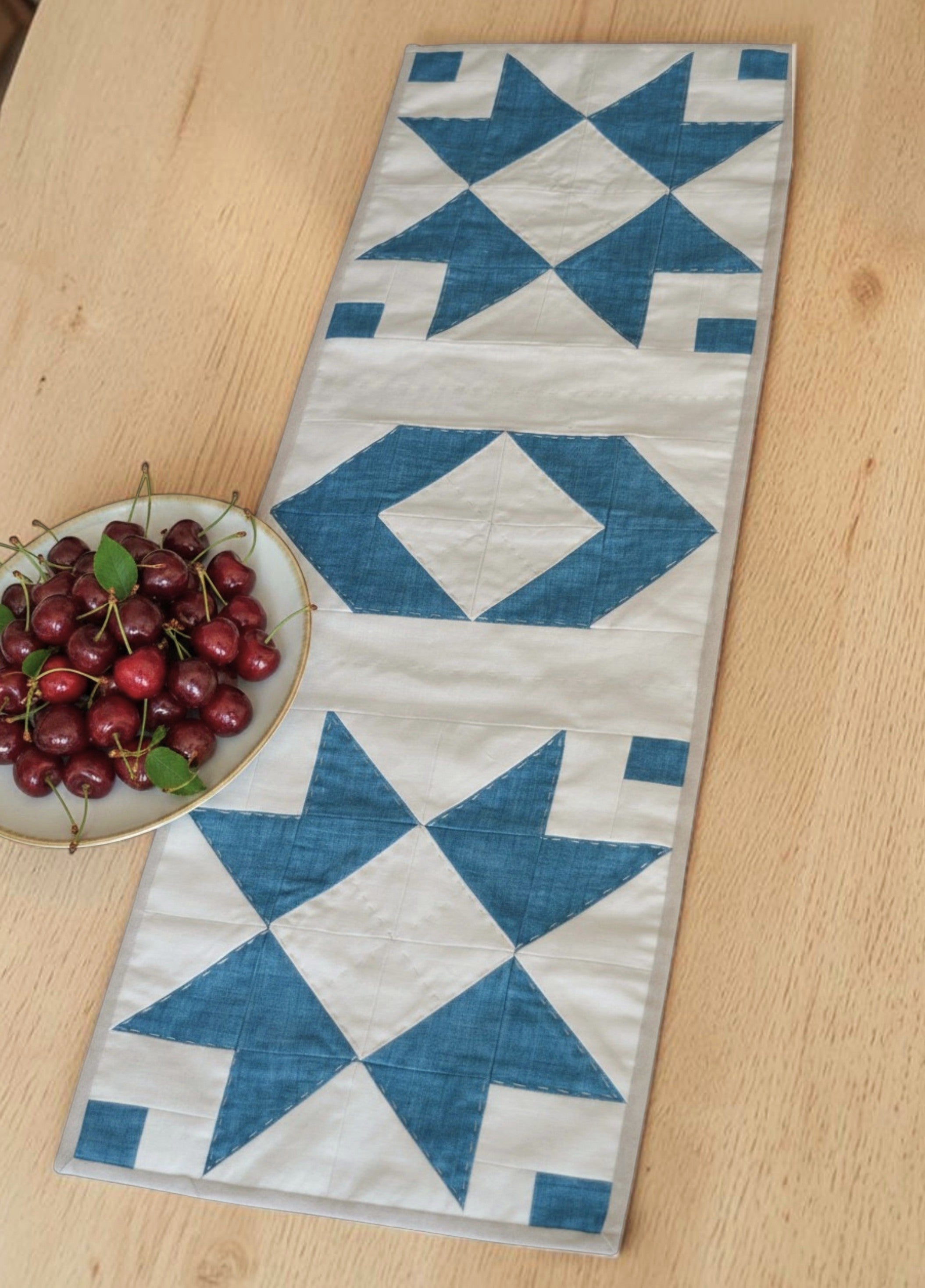 Hand-Quilted Deep Azure & Milky Linen Table Runner — New Nordic Patchwork