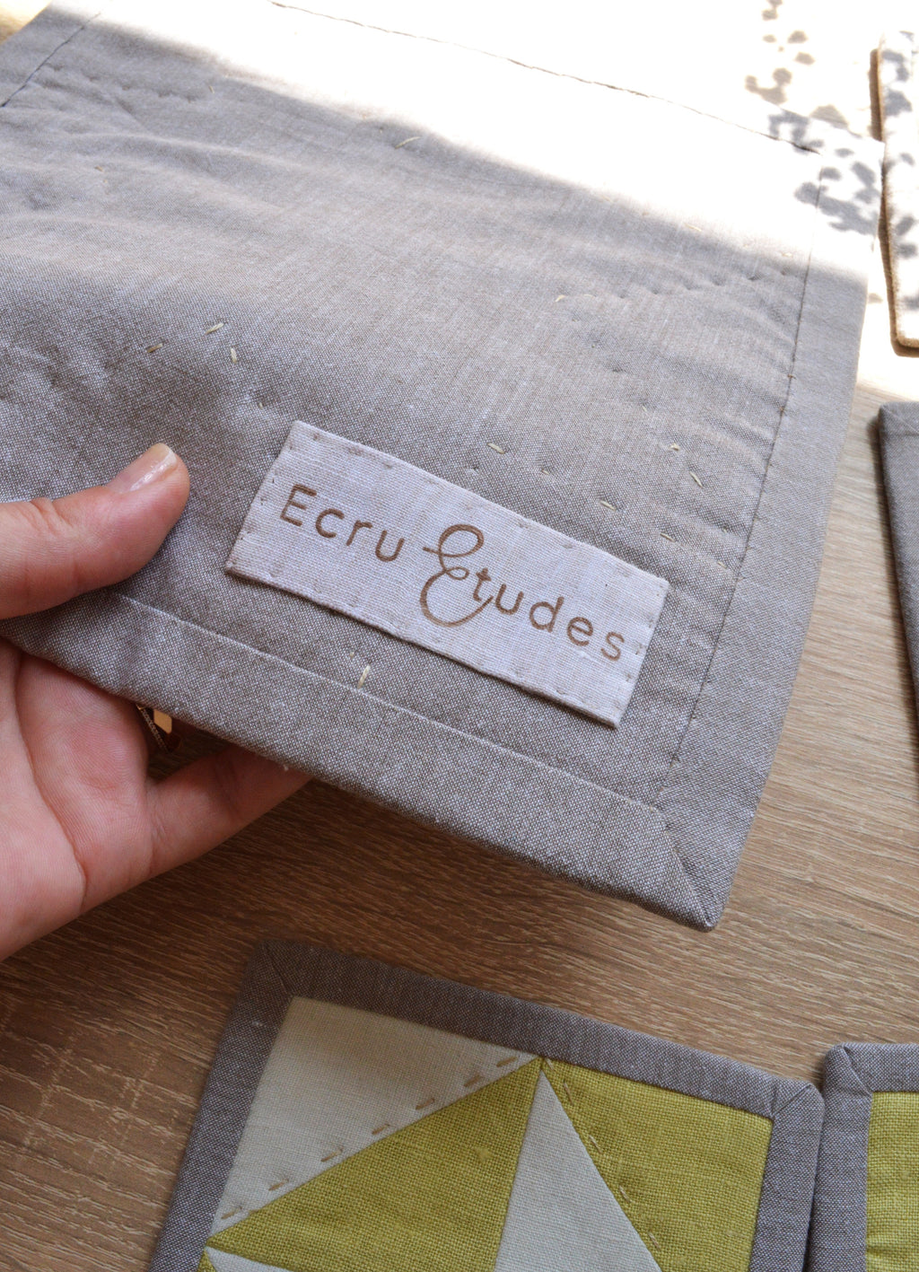 Hand-Quilted Pale Lime & Taupe Linen Table Set — Patchwork Mat & Coasters