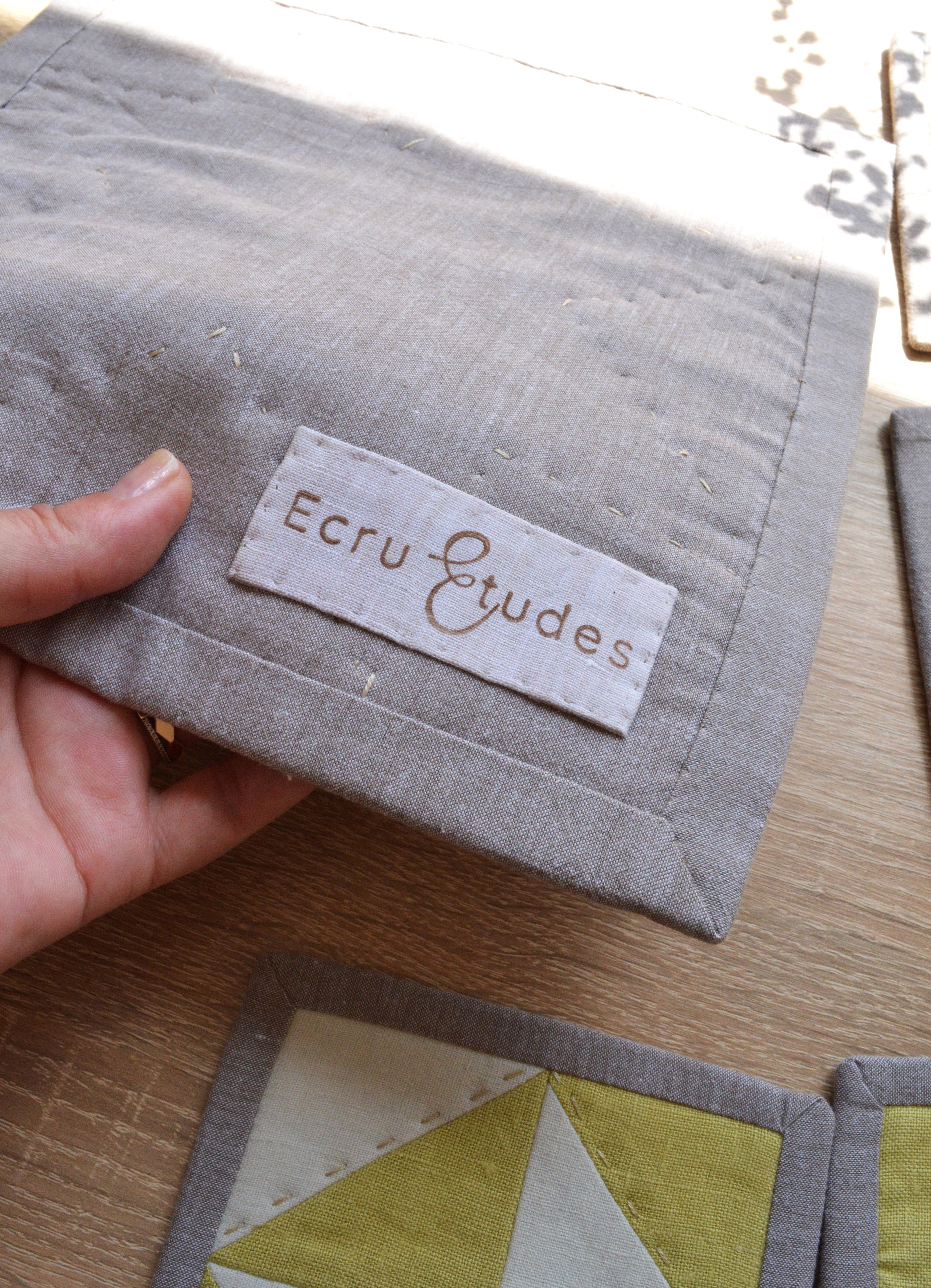 Hand-Quilted Pale Lime & Taupe Linen Table Set — Patchwork Mat & Coasters