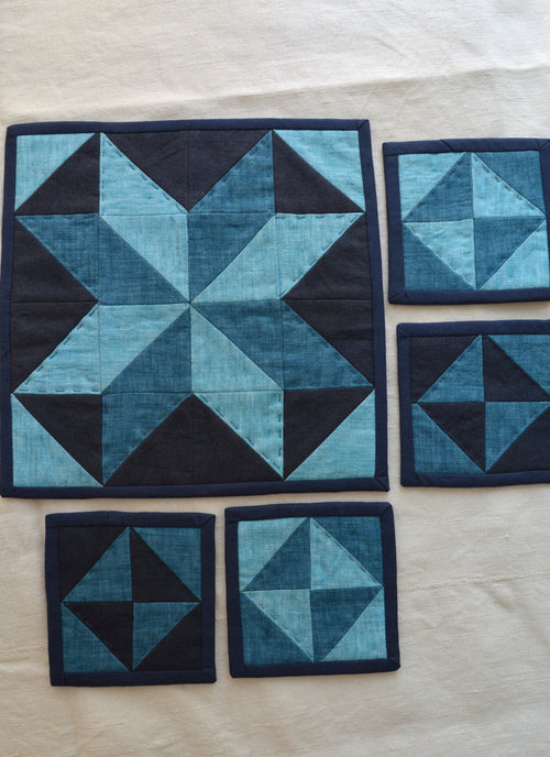 Hand-Quilted Indigo Linen Table Set — Patchwork Runner & 4 Coasters