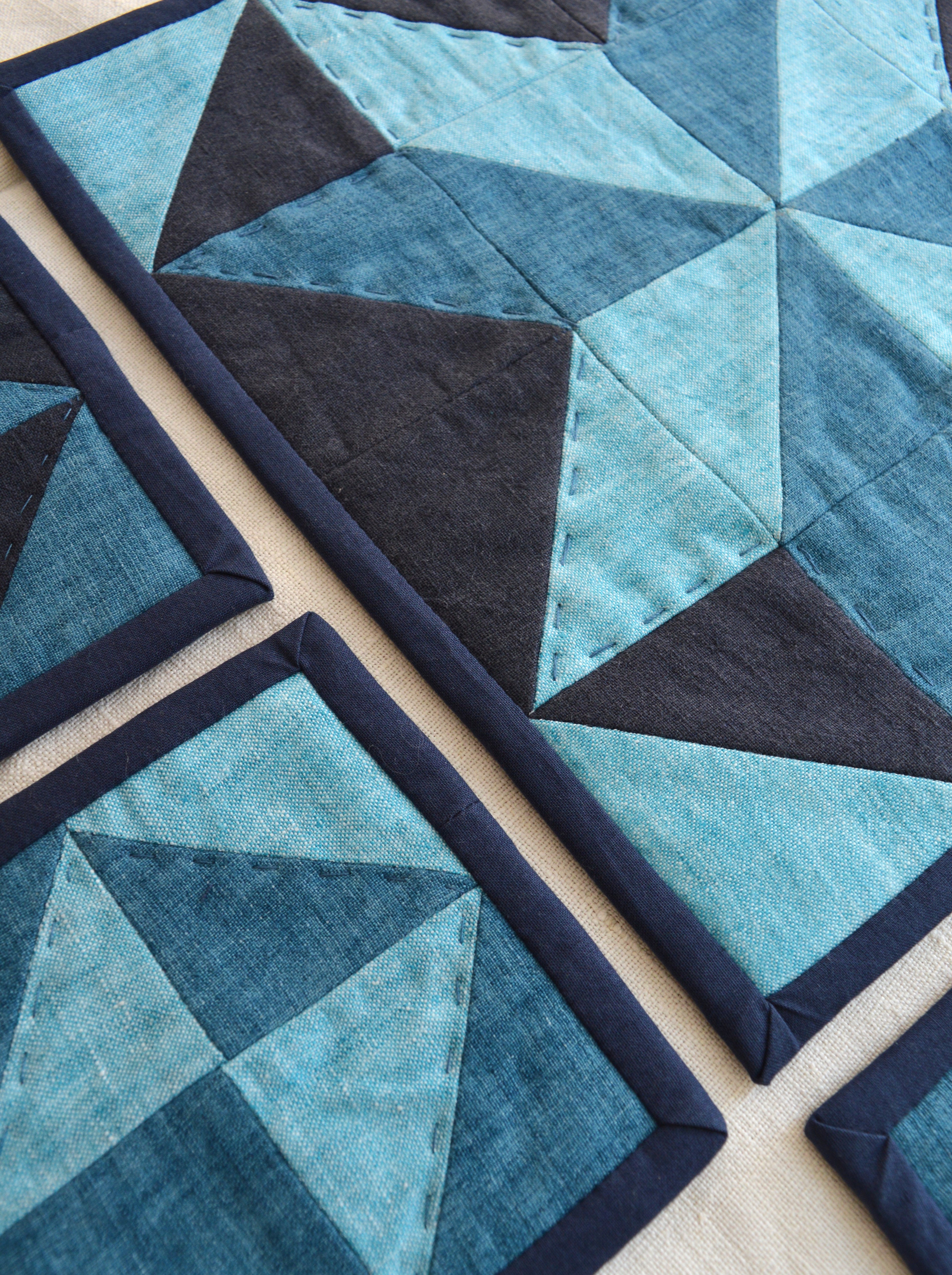 Hand-Quilted Indigo Linen Table Set — Patchwork Runner & 4 Coasters