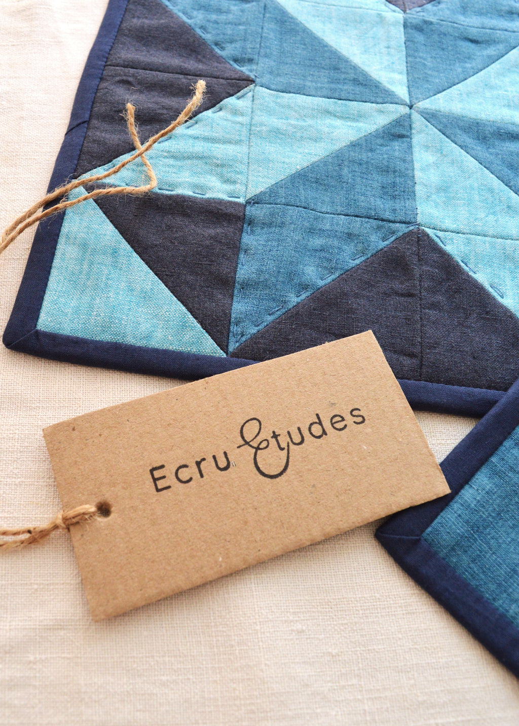 Hand-Quilted Indigo Linen Table Set — Patchwork Runner & 4 Coasters