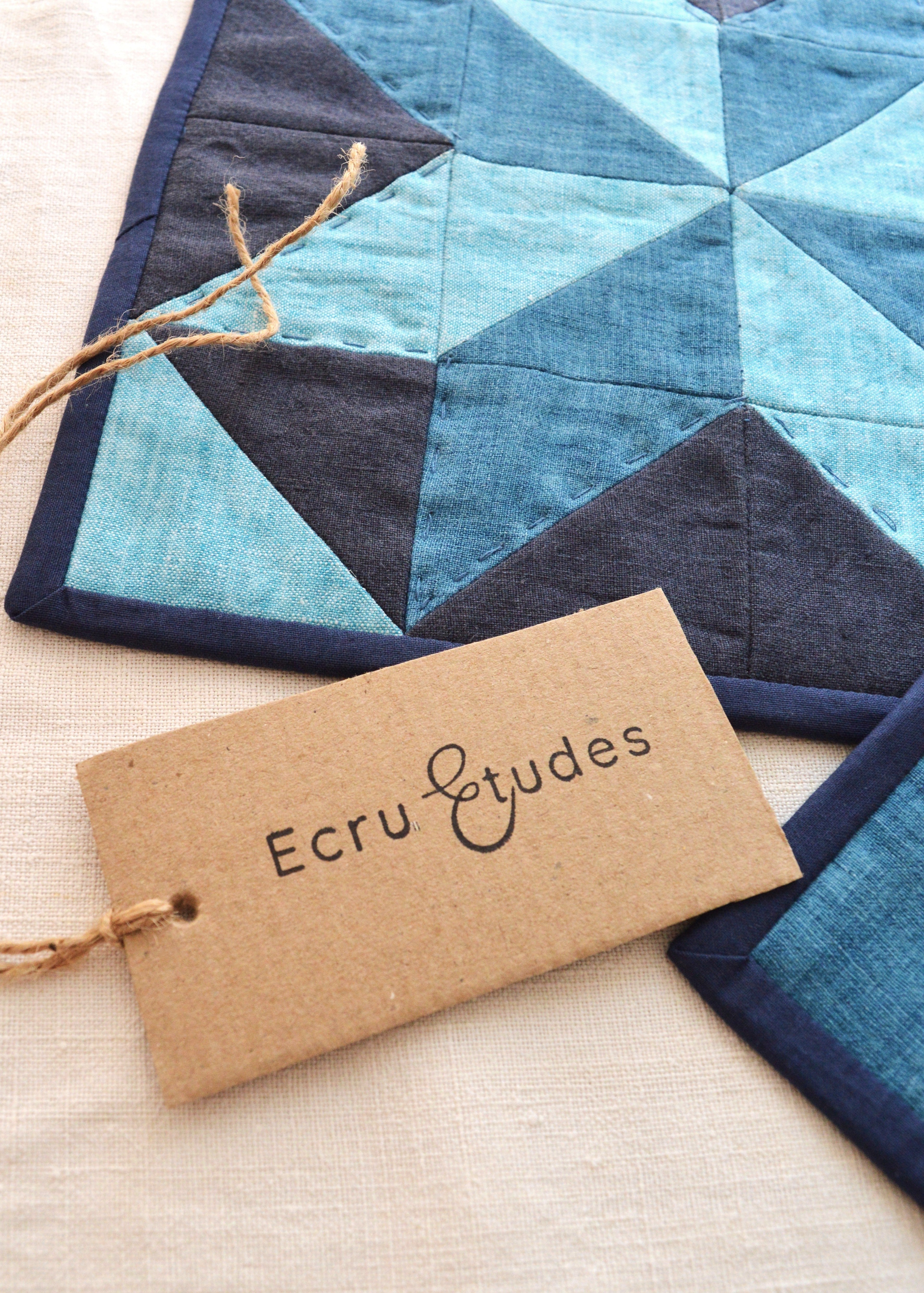 Hand-Quilted Indigo Linen Table Set — Patchwork Runner & 4 Coasters