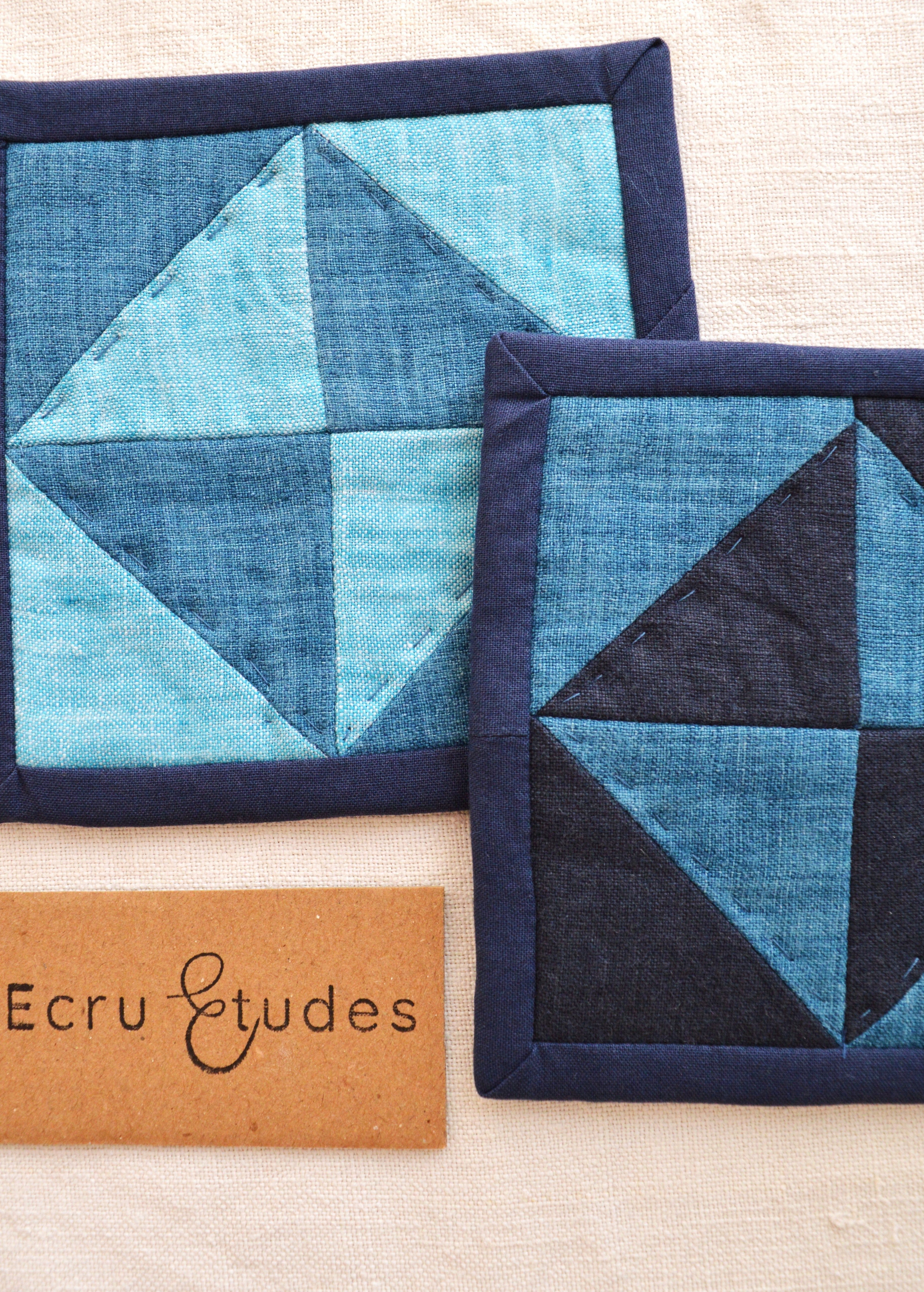Hand-Quilted Indigo Linen Table Set — Patchwork Runner & 4 Coasters