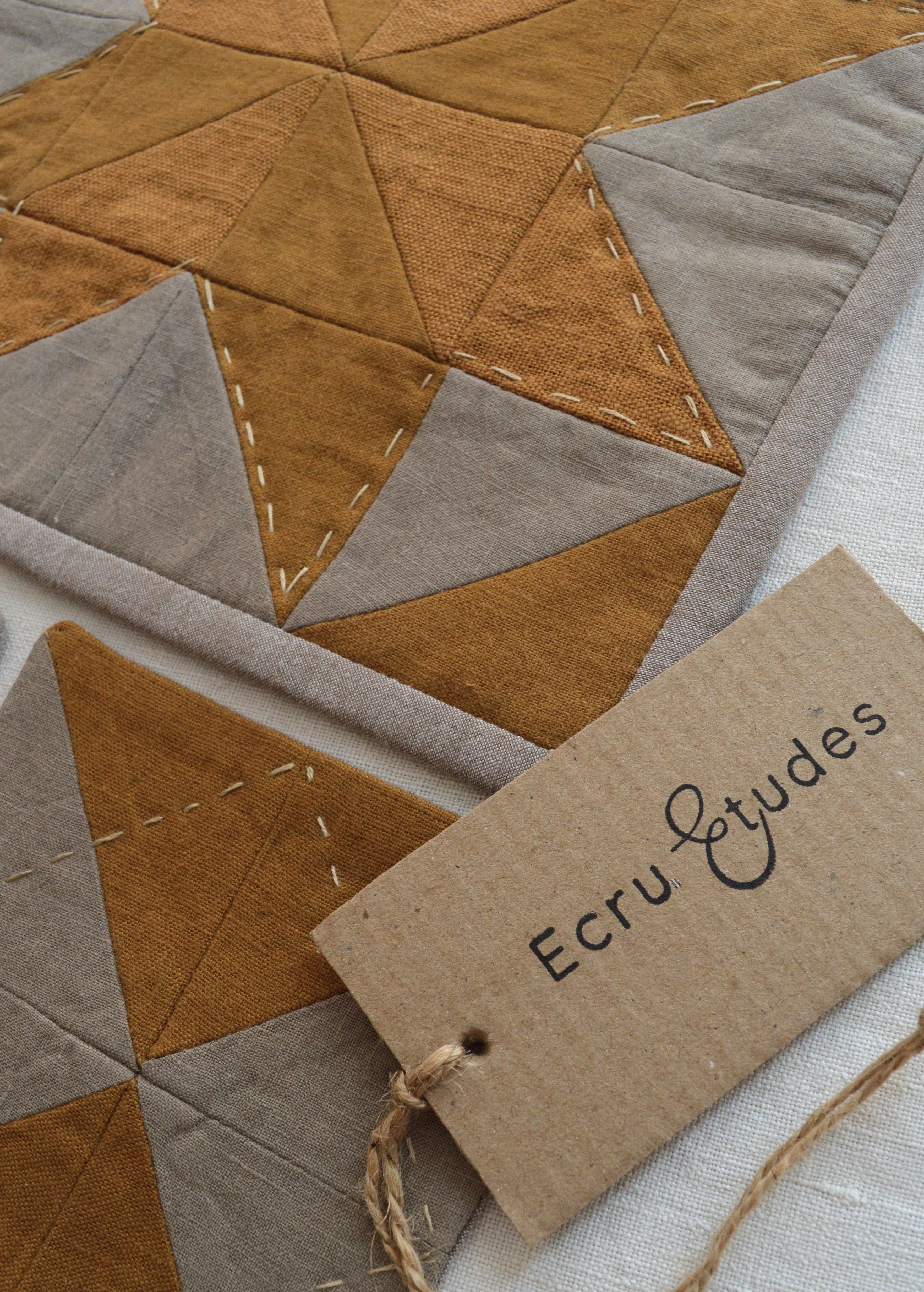 Hand-Quilted Ochre & Dark Taupe Linen Table Set — Patchwork Mat & 2 Coasters
