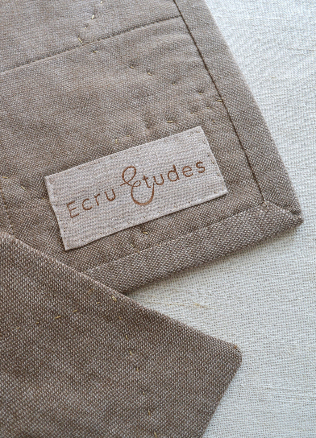 Hand-Quilted Ochre & Dark Taupe Linen Table Set — Patchwork Mat & 2 Coasters