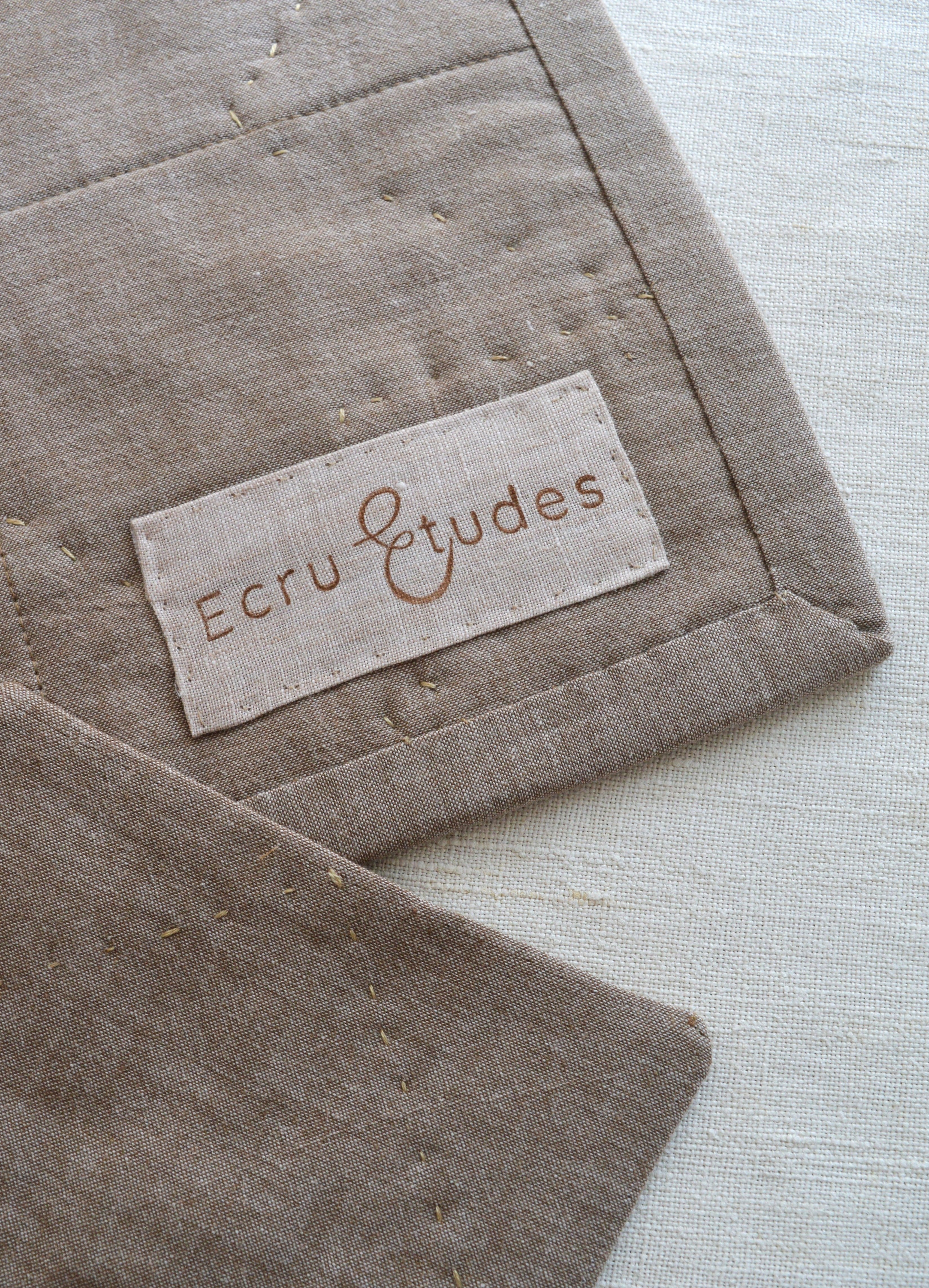 Hand-Quilted Ochre & Dark Taupe Linen Table Set — Patchwork Mat & 2 Coasters