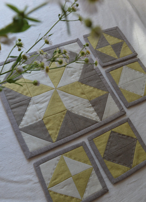 Hand-Quilted Pale Lime & Taupe Linen Table Set — Patchwork Mat & Coasters