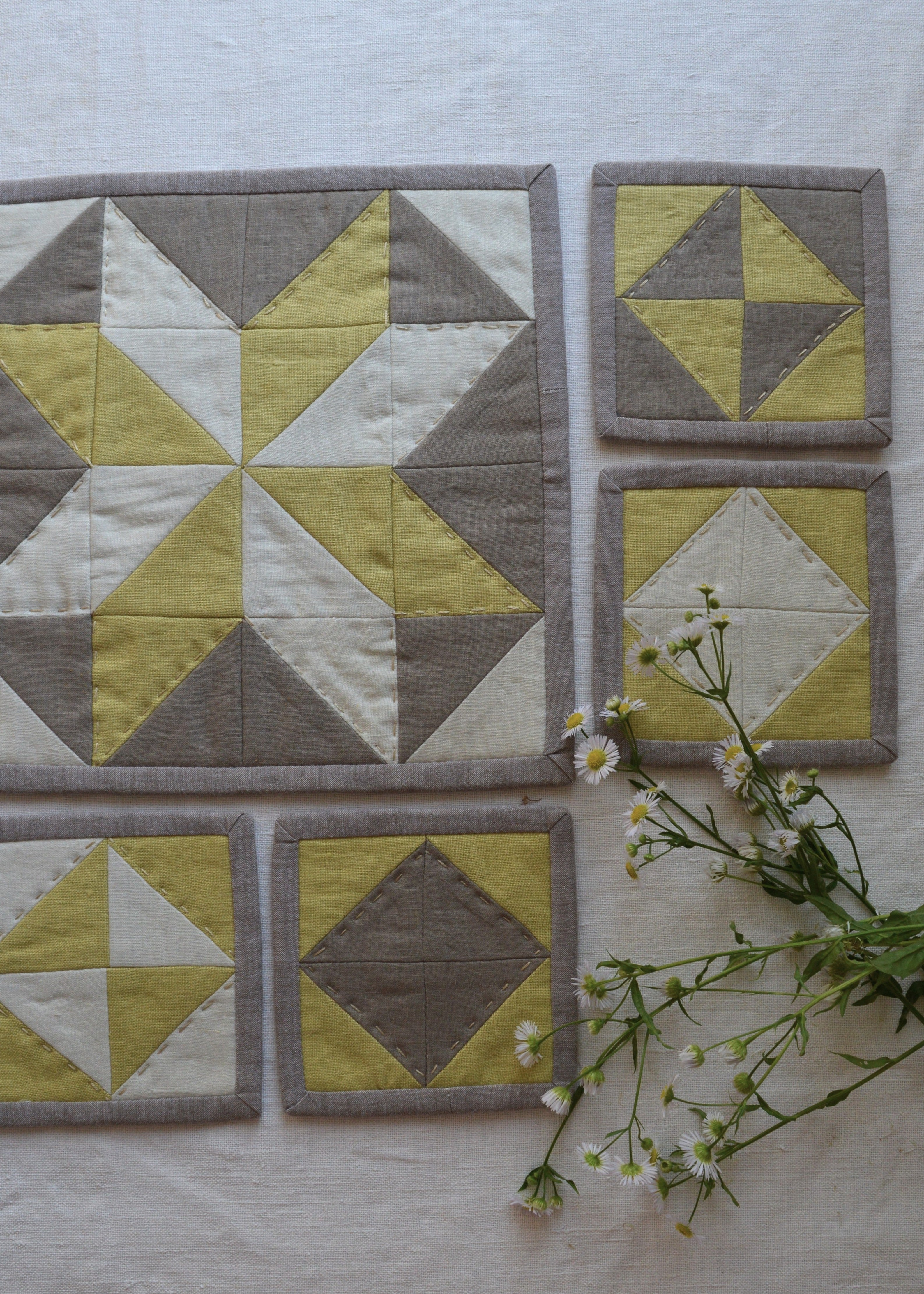 Hand-Quilted Pale Lime & Taupe Linen Table Set — Patchwork Mat & Coasters