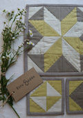 Hand-Quilted Pale Lime & Taupe Linen Table Set — Patchwork Mat & Coasters