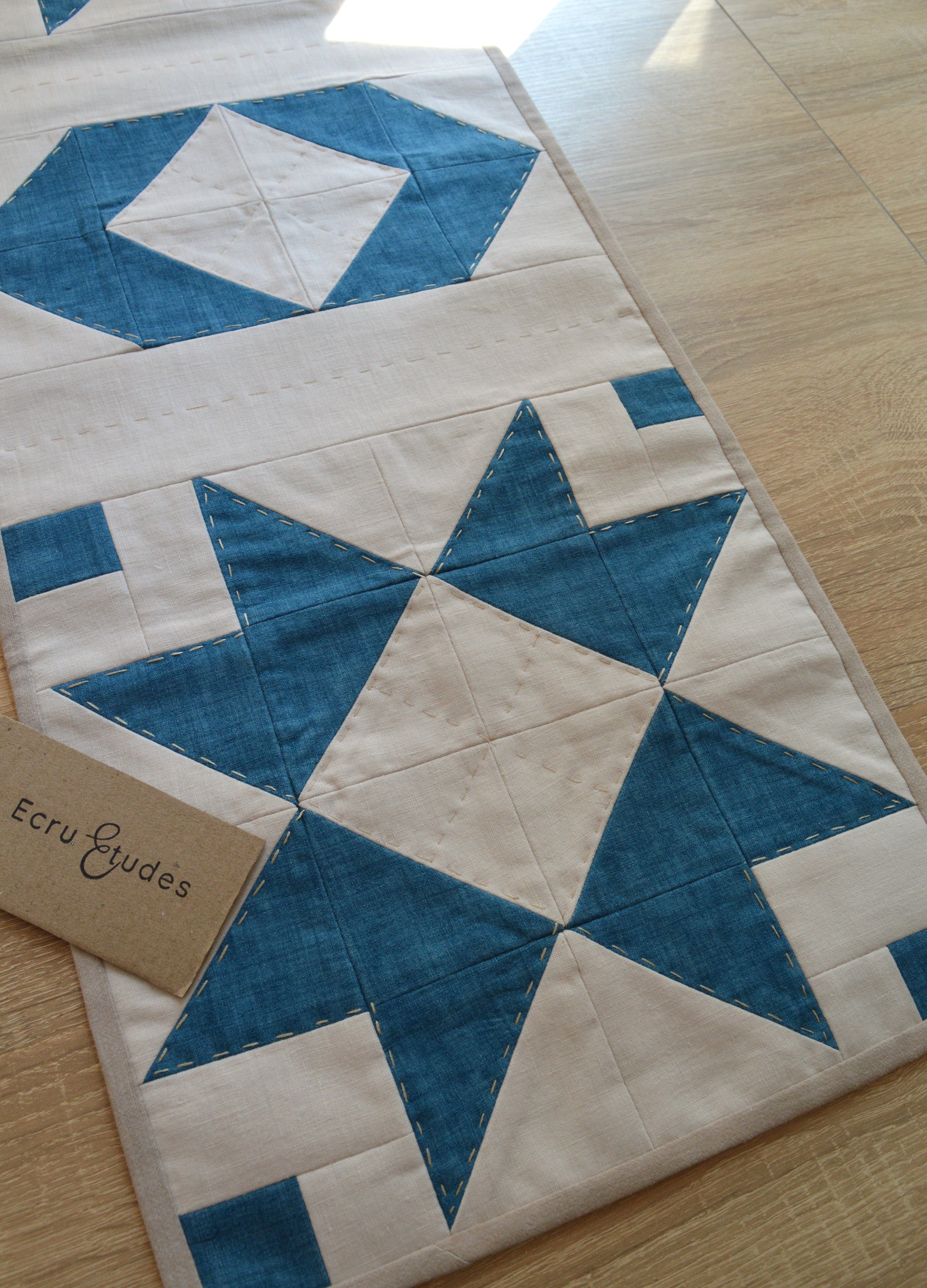 Hand-Quilted Deep Azure & Milky Linen Table Runner — New Nordic Patchwork