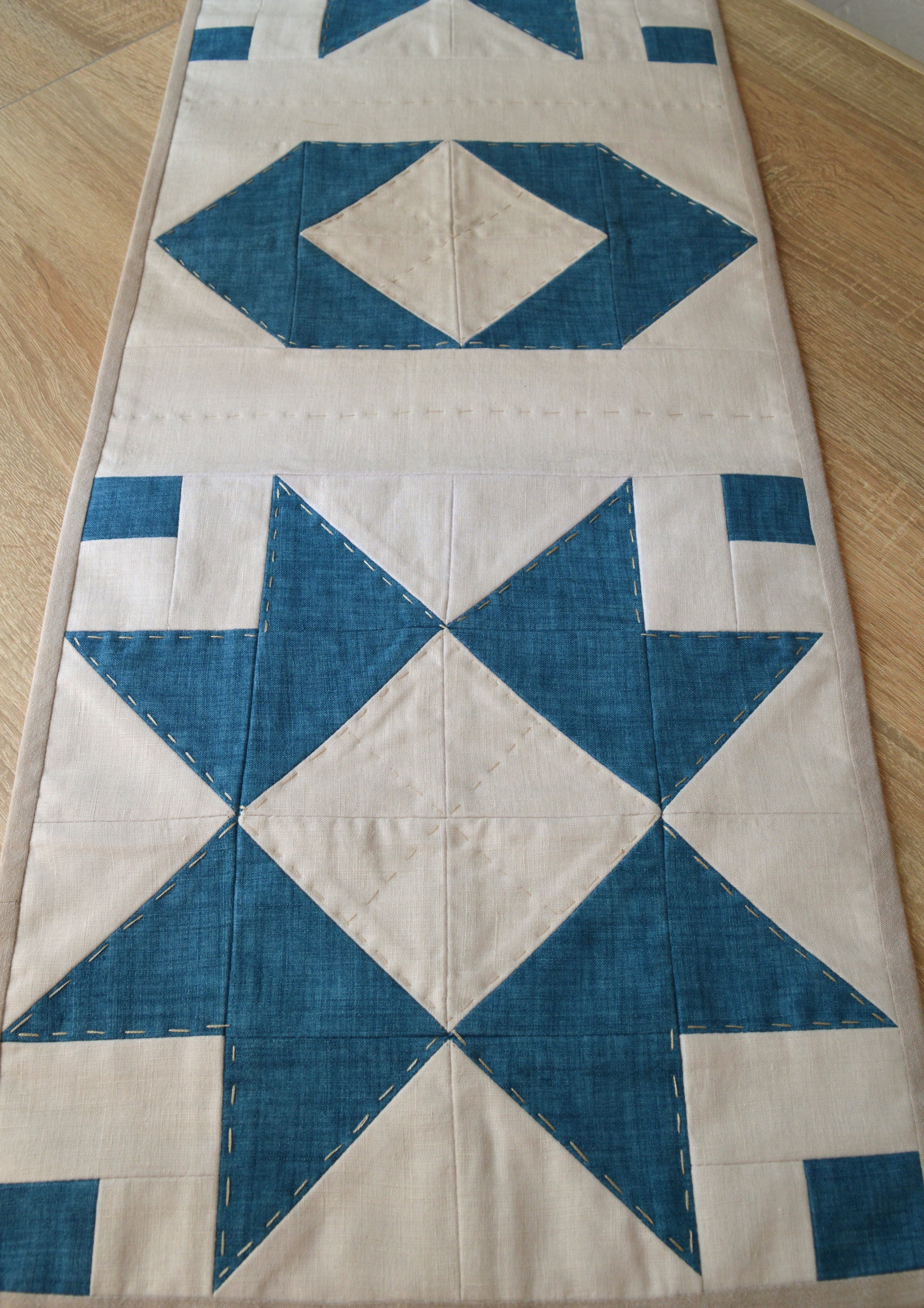Hand-Quilted Deep Azure & Milky Linen Table Runner — New Nordic Patchwork