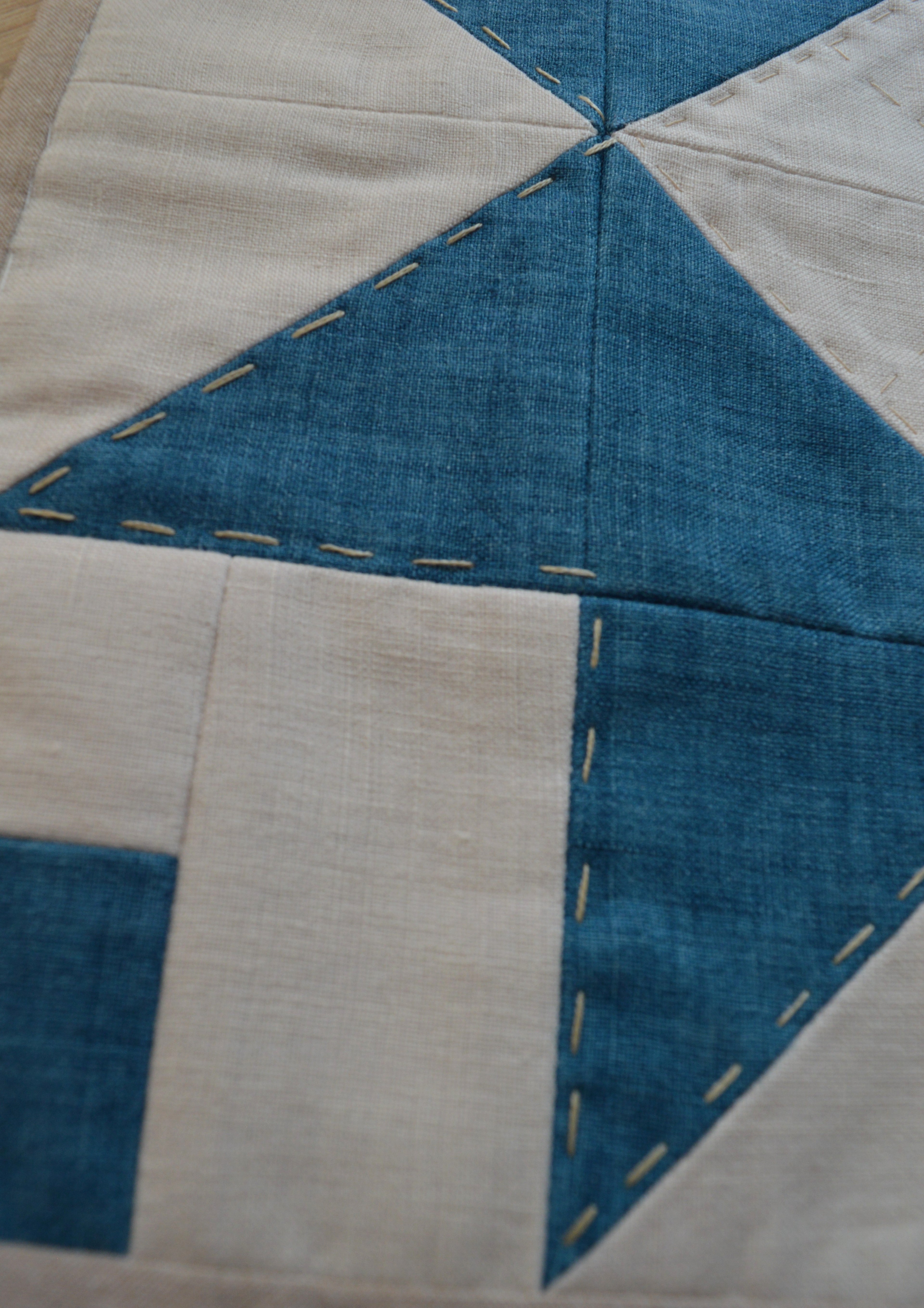 Hand-Quilted Deep Azure & Milky Linen Table Runner — New Nordic Patchwork
