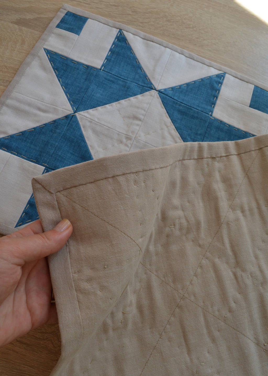 Hand-Quilted Deep Azure & Milky Linen Table Runner — New Nordic Patchwork